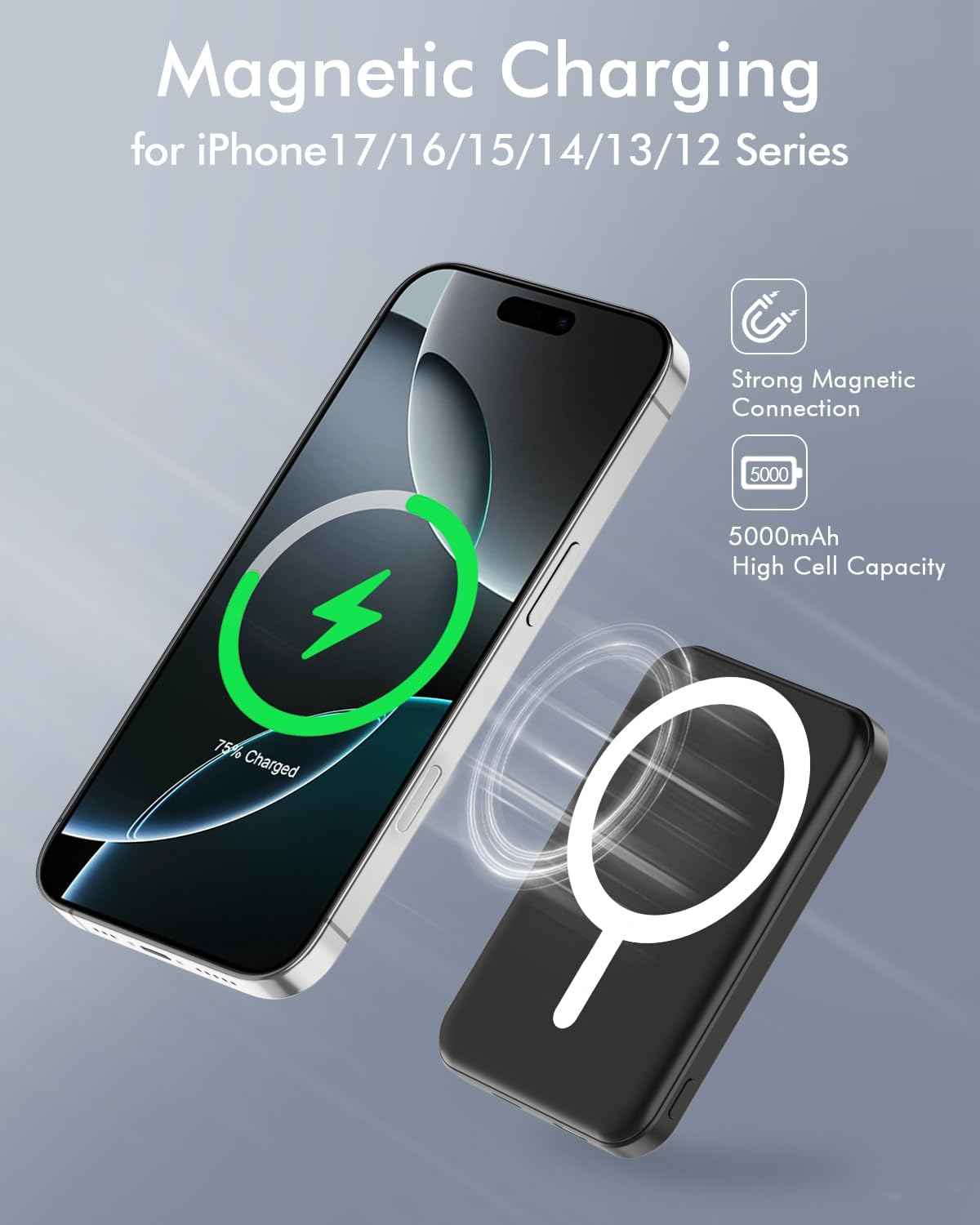 podoru for Magsafe Battery Pack, 5000mAh Magnetic Power Bank with Type-C Cable 20W PD Fast Charging Lighting Input Wireless Portable Charger for iPhone 17/16/15/14/13/12/ All Series-Black