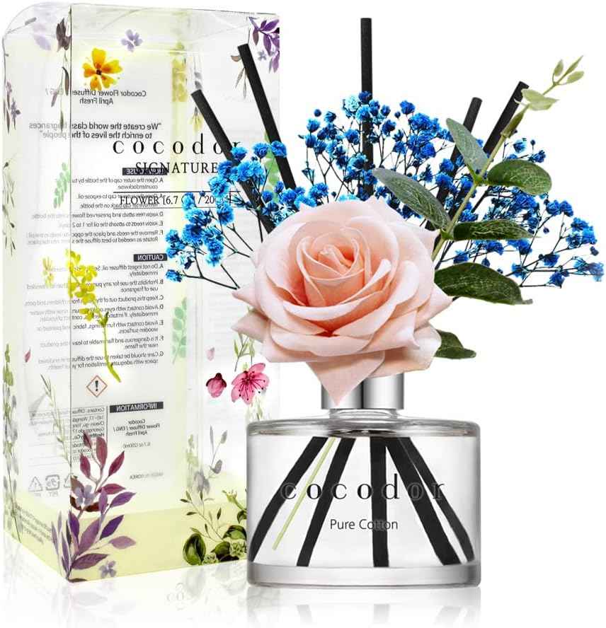 COCODOR Reed Diffuser Set with Preserved Baby's Breath with Sticks/April Breeze / 6.7oz / Scent Fragrance Oil Diffuser for Bedroom Bathroom Home Décor