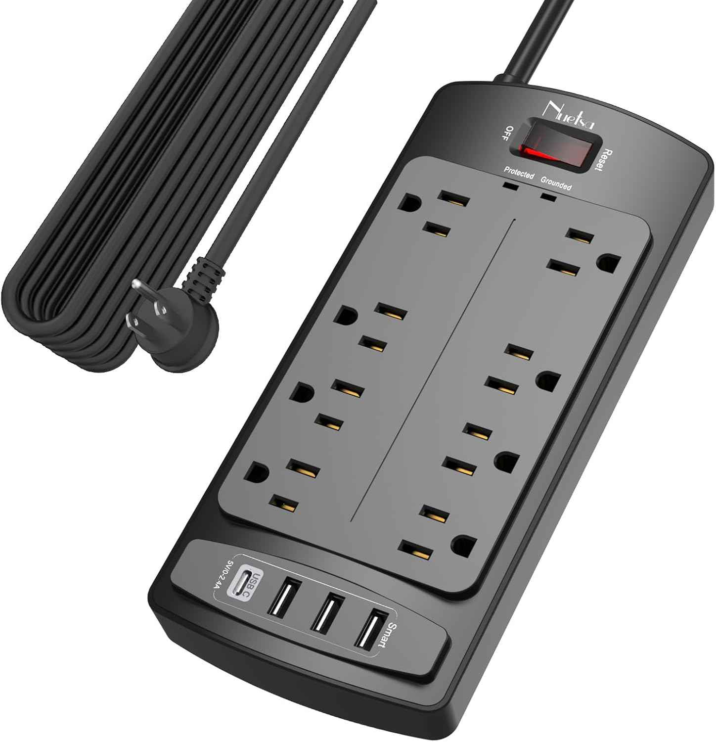 Surge Protector Power Strip - Nuetsa Flat Plug Extension Cord with 8 Outlets and 4 USB Ports, 6 Feet Power Cord (1625W/13A), 2700 Joules, ETL Listed, Black