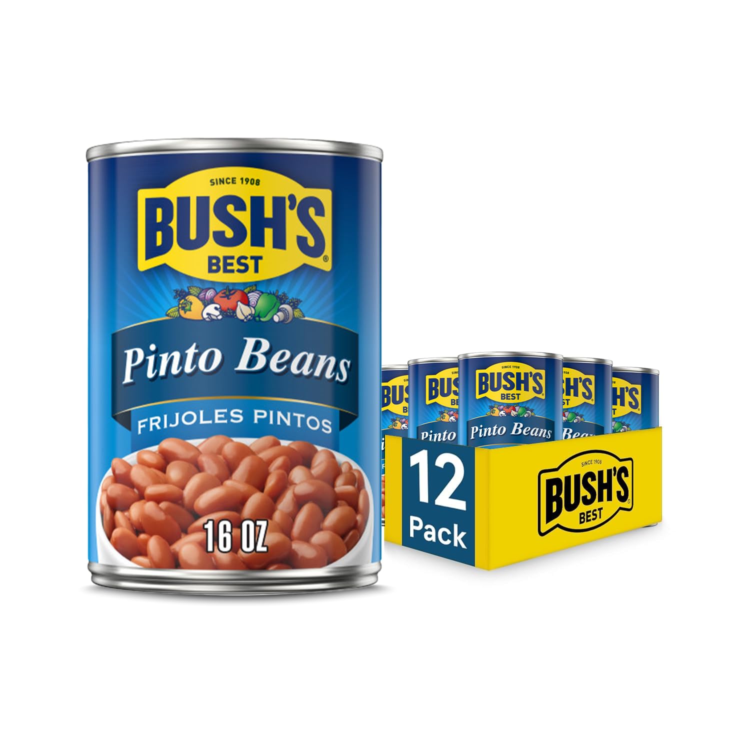 Bush's Best 16 oz Canned Pinto Beans, low fat and gluten free, great for soups, salads and plant-based meals, pack of 12