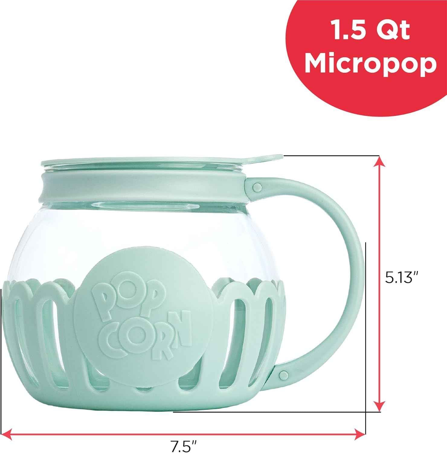 Ecolution Patented Micro-Pop Microwave Popcorn Popper with Temperature Safe Glass, 3-in-1 Lid Measures Kernels and Melts Butter, Made Without BPA, Dishwasher Safe, 1.5-Quart, Aqua