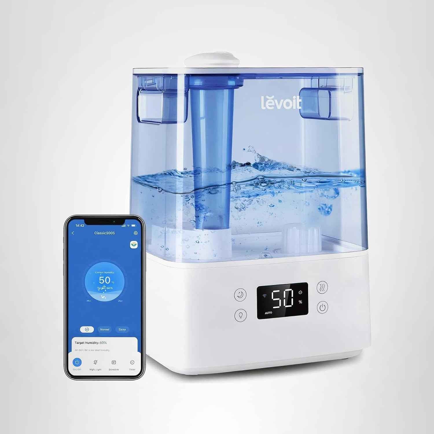 LEVOIT Humidifiers for Bedroom Large Room Home, (6L) Cool Mist Top Fill Essential Oil Diffuser for Baby & Plants, Smart App & Voice Control, Rapid Humidification & Auto Mode - Quiet Sleep Mode, Gray