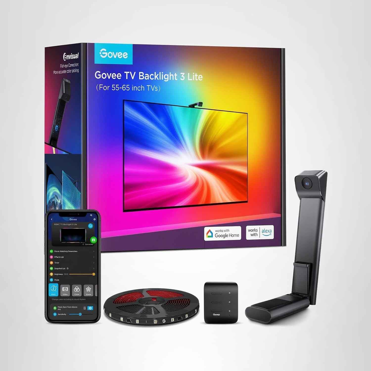 Govee TV Backlight 3 Lite with Fish-Eye Correction Function Sync to 55-65 Inch TVs, 11.8ft RGBICW Wi-Fi LED Strip Lights with Camera, 4 Colors in 1 Lamp Bead, Voice and APP Control, Adapter