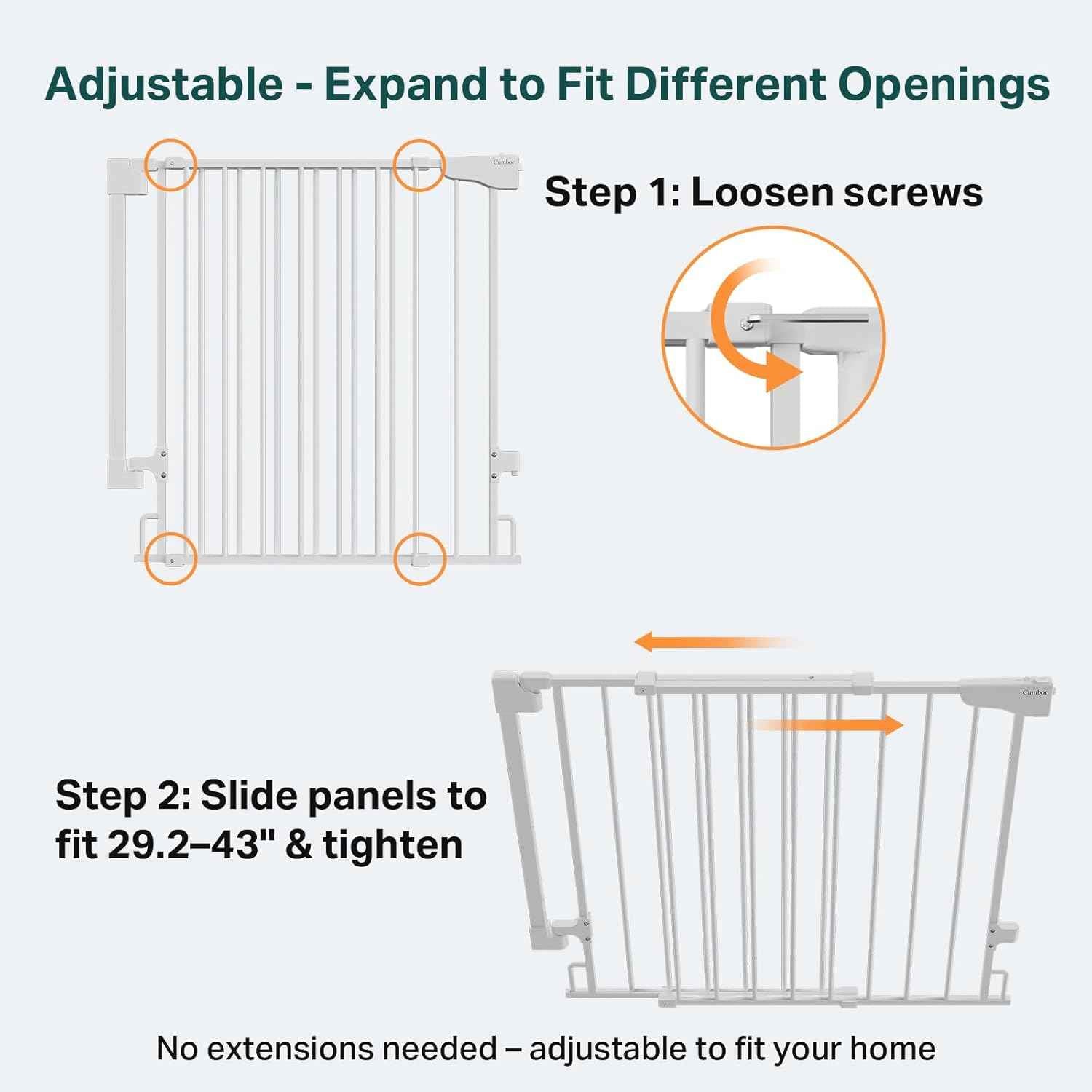 Cumbor 29.2–43" Baby Gate for Stairs, Wall-Mounted (Drill Required), Expandable No Bottom Bar Dog Gate, Auto Close Extra Wide Walk Thru, Pet & Toddler Proof Gate, Top & Bottom of Stairways (White)
