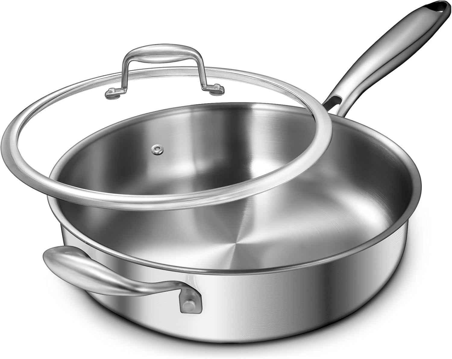 EWFEN 12 Inch Tri-Ply Stainless Steel Frying Pan, Compatible with All Cooktops Up to 600℉, Large Frying Pan with lids, Induction-Ready Skillet, Dishwasher and Oven Safe, Even Heat, 12" Saute Pan+Lid
