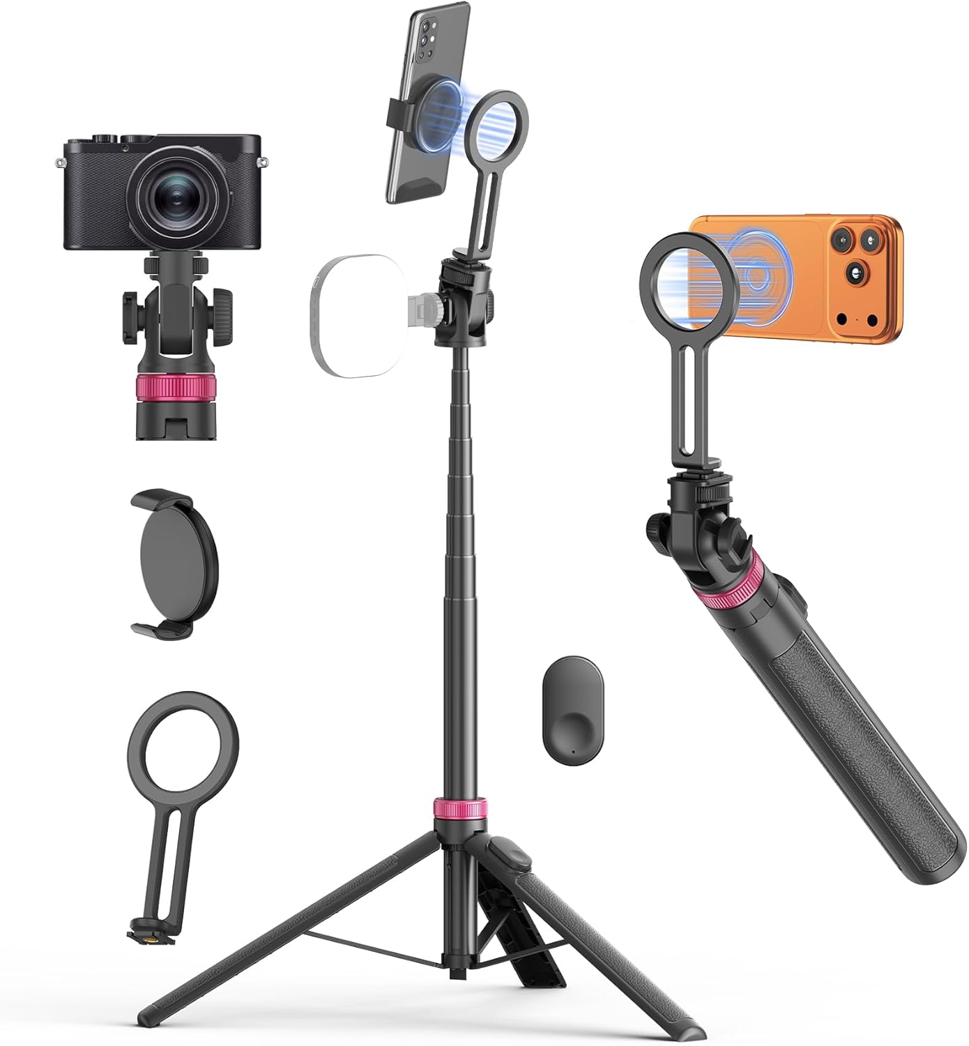 69" Magnetic Phone Tripod Head for All Phones,Selfie Stick Monopod for Magsafe with Remote & Phone Mount Adapter,Portable Tripod for iPhone/Android,Camera Accessory Kits,Photo,Vlogging,Travel