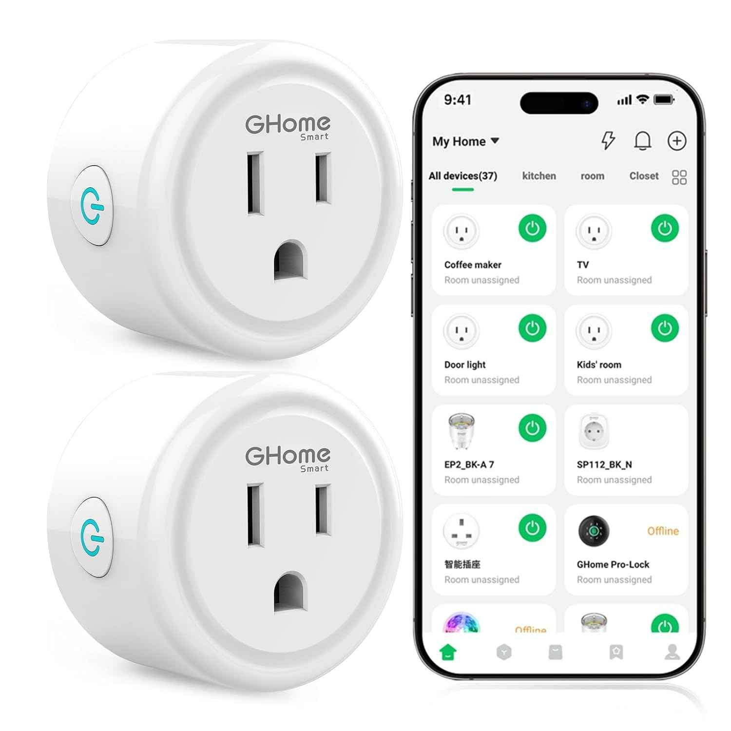GHome Smart Plug, WiFi Smart Plugs Work with Alexa and Google Home, Smart Outlet Timer with APP Remote Control, 2.4GHz Wi-Fi Only, No Hub Required, ETL FCC Listed