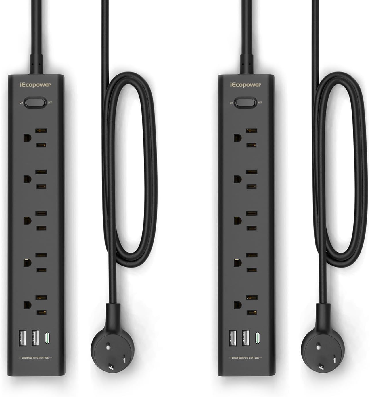 black 2-pack power strip with 5 outlets, 3 usb ports, 1250w surge protector, 5ft cord, wall mount for home office