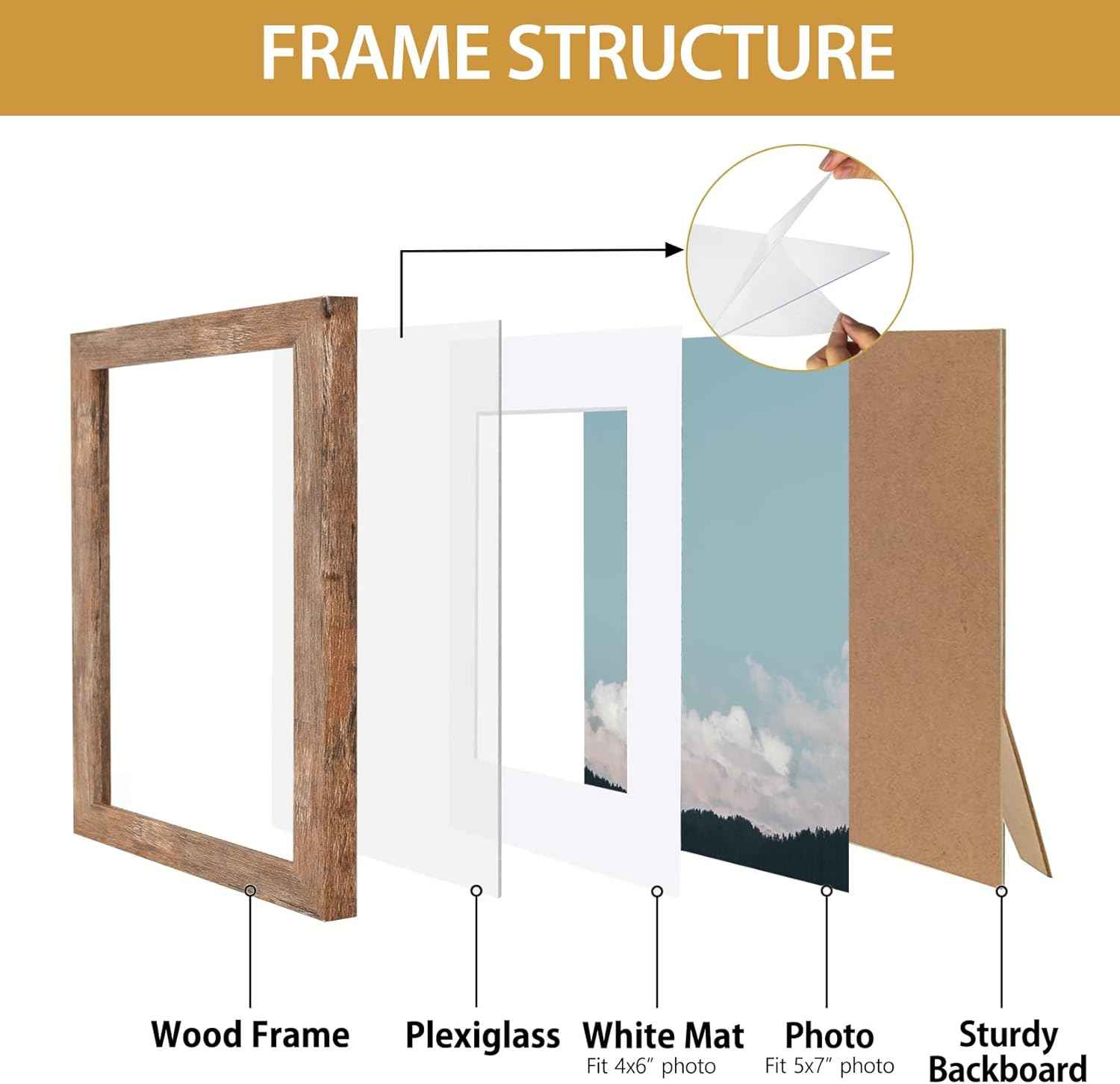 Califortree 5x7 Picture Frame - Can Display Photo 4x6 with Mat, Wood Frame with Shatterproof Plexiglass, Horizontal and Vertical Display for Wall and Tabletop, Rustic Brown