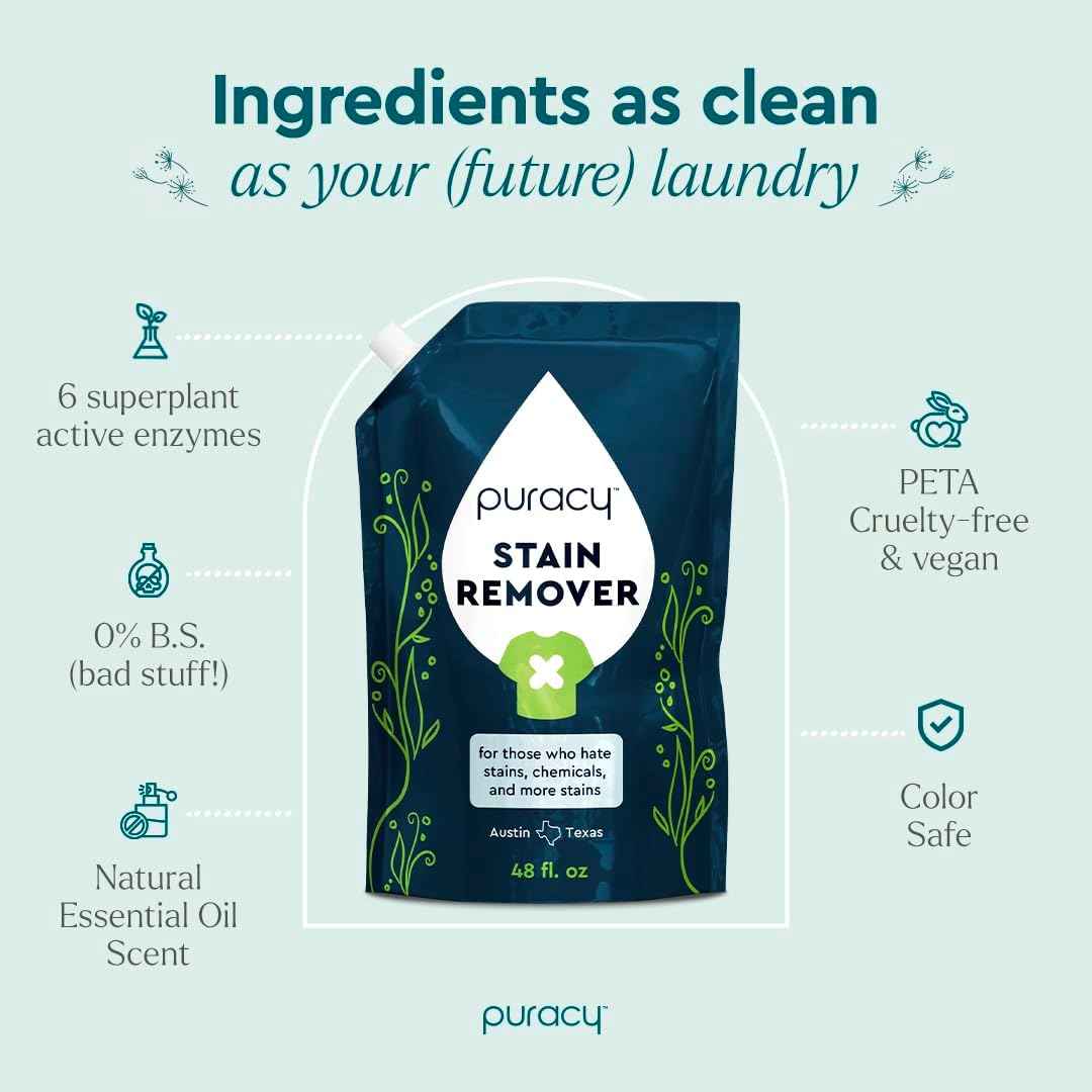 Puracy Stain Remover, Natural Travel and Laundry Stain Cleaner for Clothes, Baby Essentials, Kids Stains, Oil and Fabric Spot Cleaner, Unscented (Stain Remover Spray, 48 fl oz)