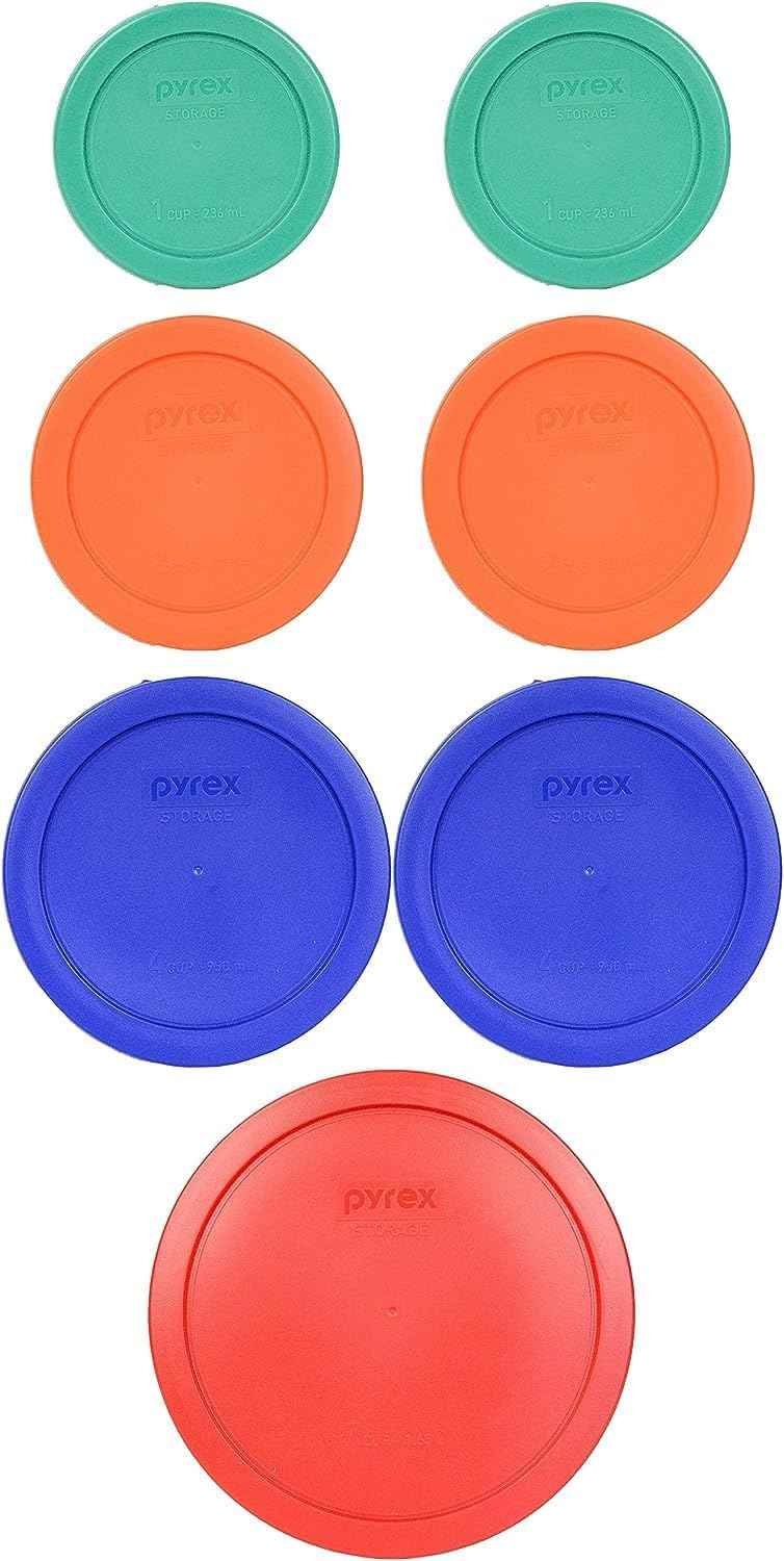 Pyrex (2) 7202-PC Green, (2) 7200-PC Orange, (2) 7201-PC Cobalt Blue, (1) 7402-PC Red Food Storage Lids - Made in USA