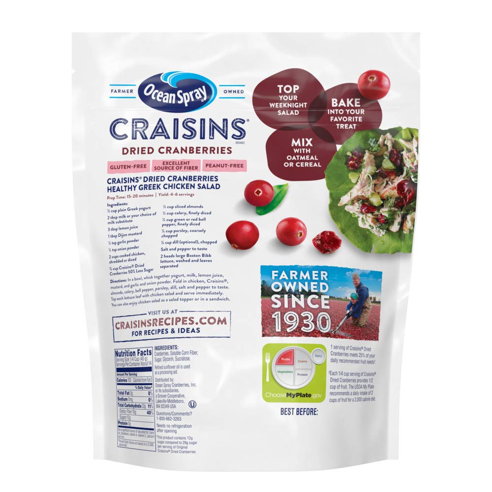 Ocean Spray Craisins 50% Less Sugar Dried Cranberries, 20 Oz Resealable Value Pack Pouch