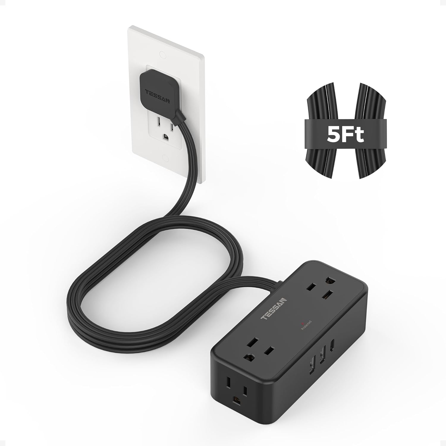 TESSAN 5 FT flat plug extension cord with 4 AC outlets and 3 USB ports for home office or dorm