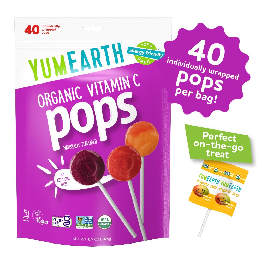 yumearth organic vitamin c pops variety pack, 40 assorted fruit flavors, allergy friendly, gluten free, non-gmo, vegan
