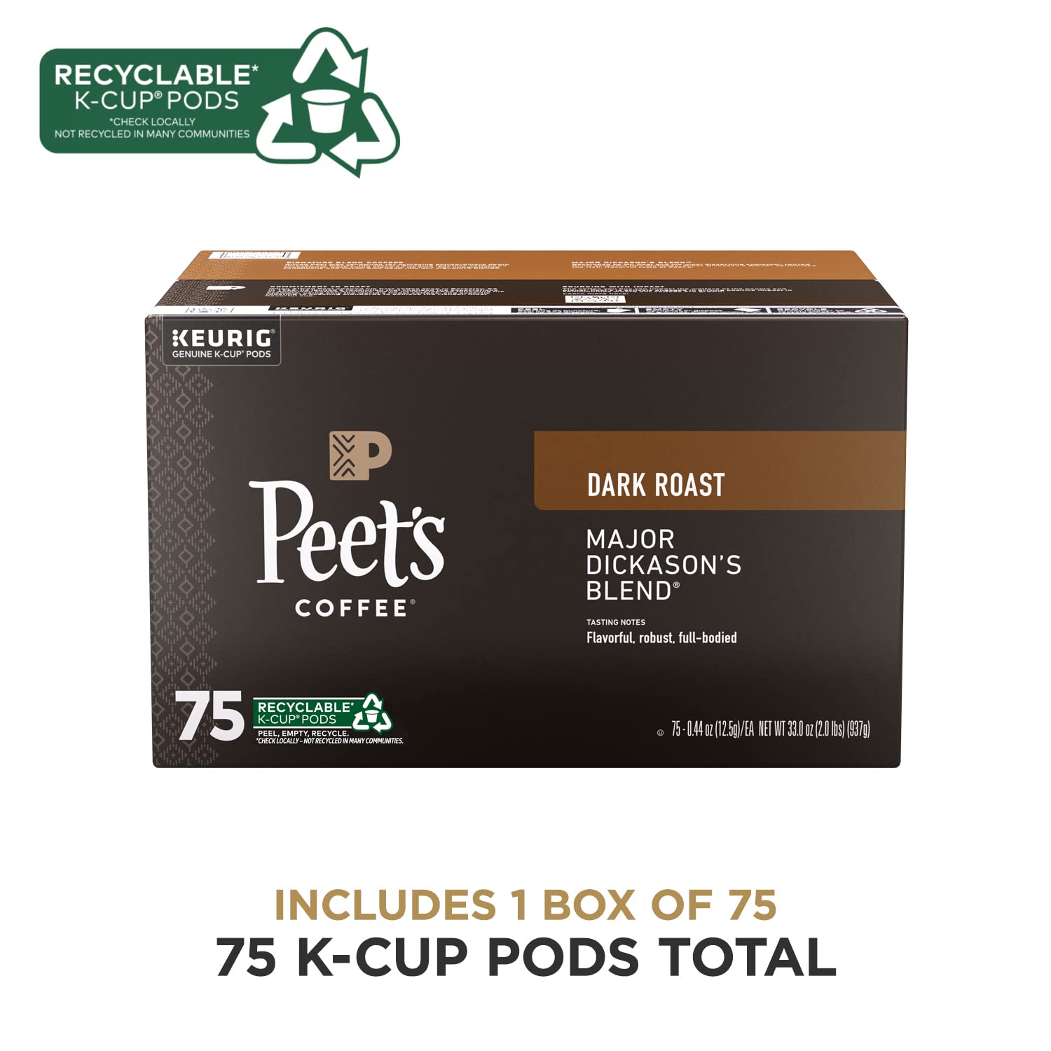 Peet's Coffee Major Dickason's Blend Dark Roast Keurig K-Cup Pods, 75 count, 100% Arabica, recyclable