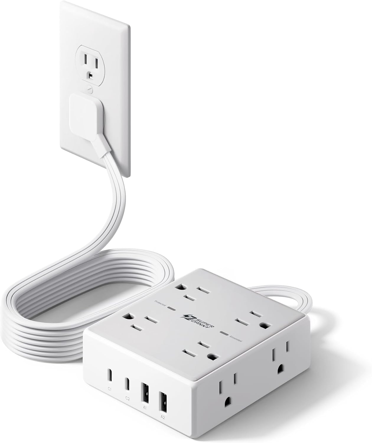 SUPERDANNY 10Ft Flat Plug Surge Protector Power Strip with 8 Outlets, 4 USB Ports, and Desk Charging Station