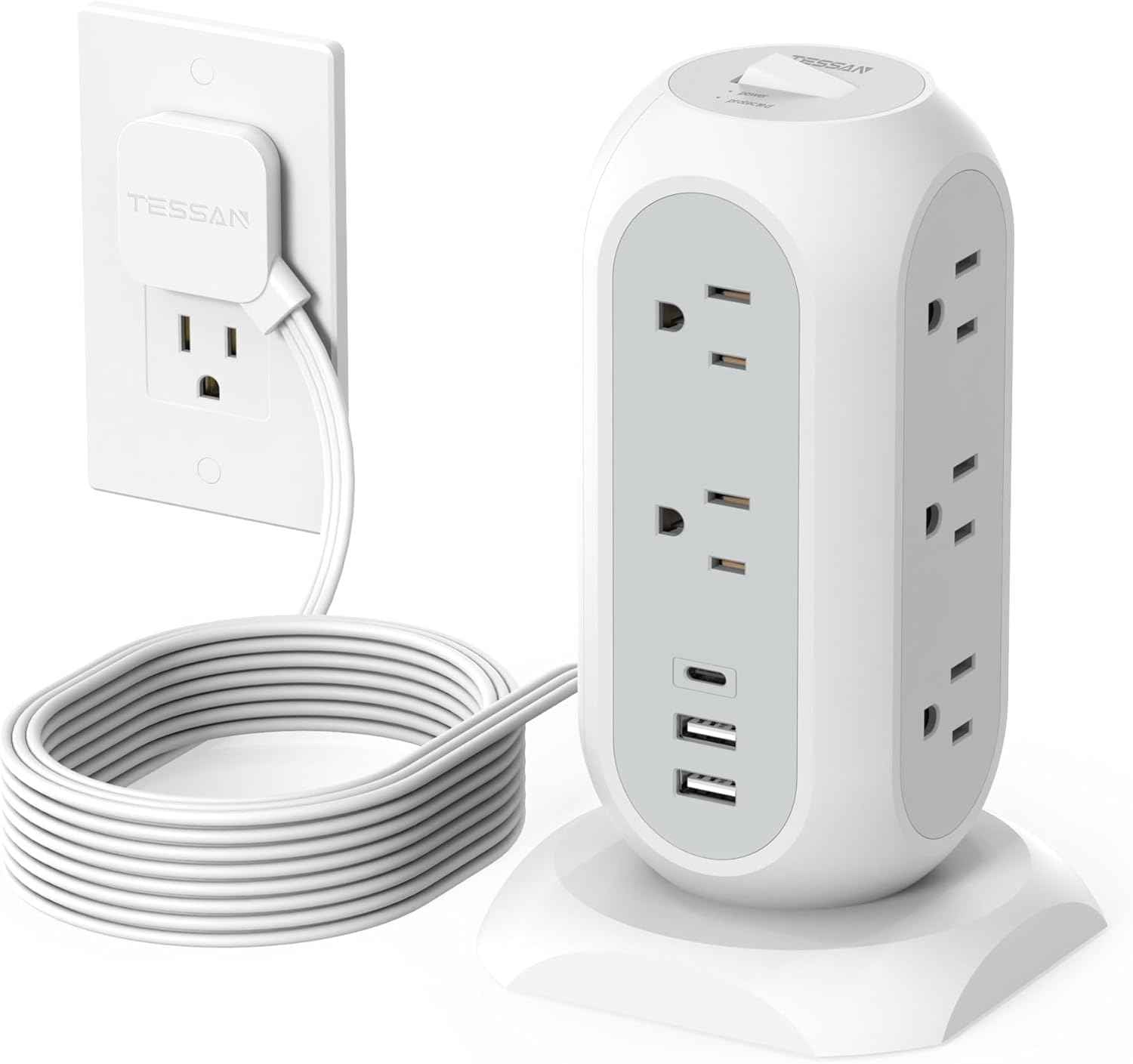 Tower Power Strip Flat Plug with 11 Outlets 3 USB (1 USB C), TESSAN Surge Protector Tower 1625W/13A,1050J Protection, 6 Feet Extension Cord with Multiple Outlets, Office Desk Supplies, Dorm Essentials
