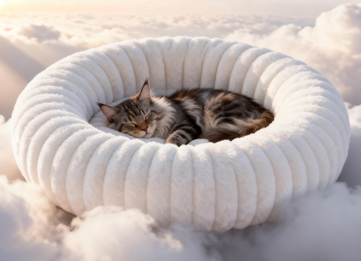Self Warming Cat Bed for Indoor Cats, Donut Shape, Self-Heating Dog Bed with Non-Slip Bottom, Washable & Portable (Size S)