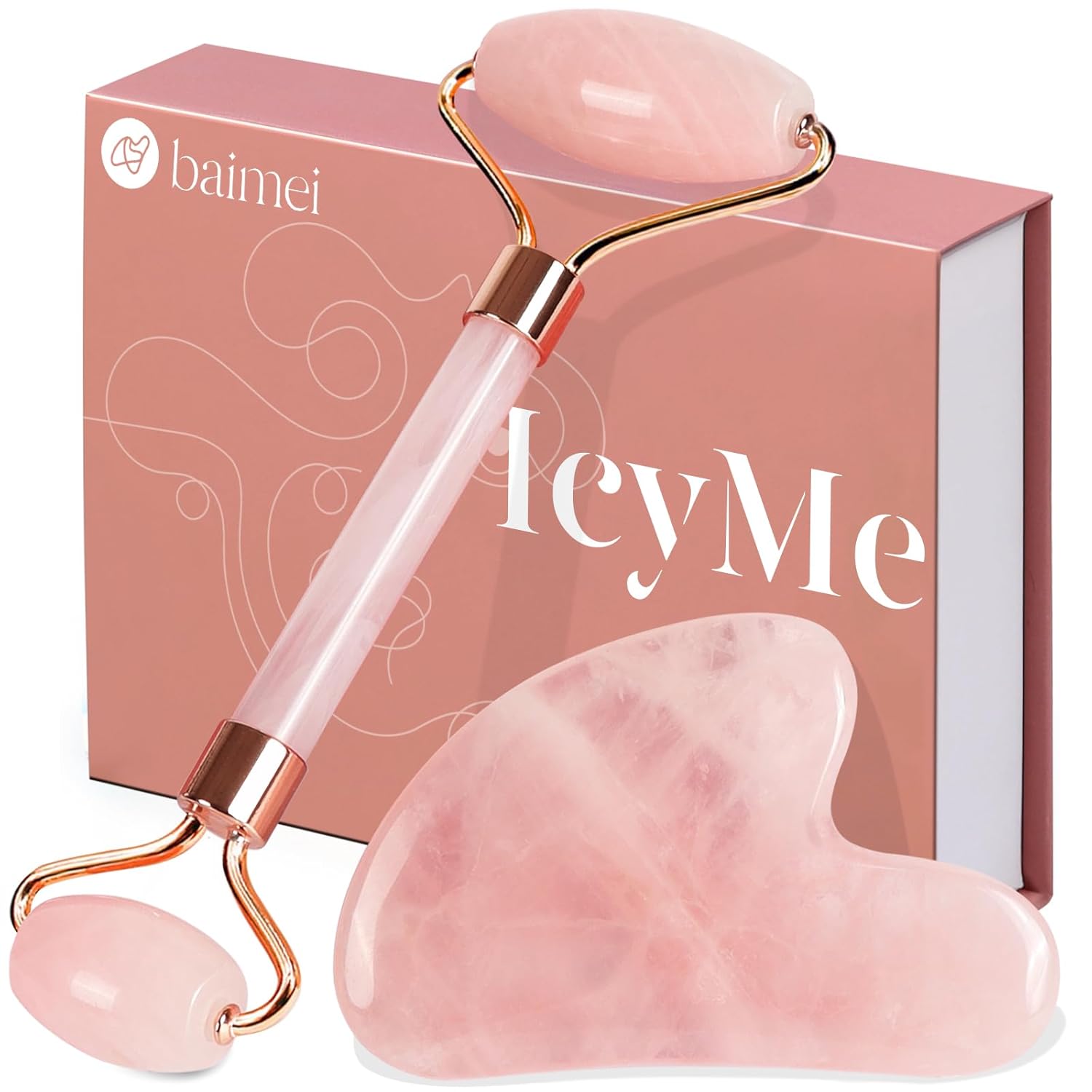 BAIMEI IcyMe rose quartz jade roller and gua sha for radiant skin, redness reducing self-care tools for men and women