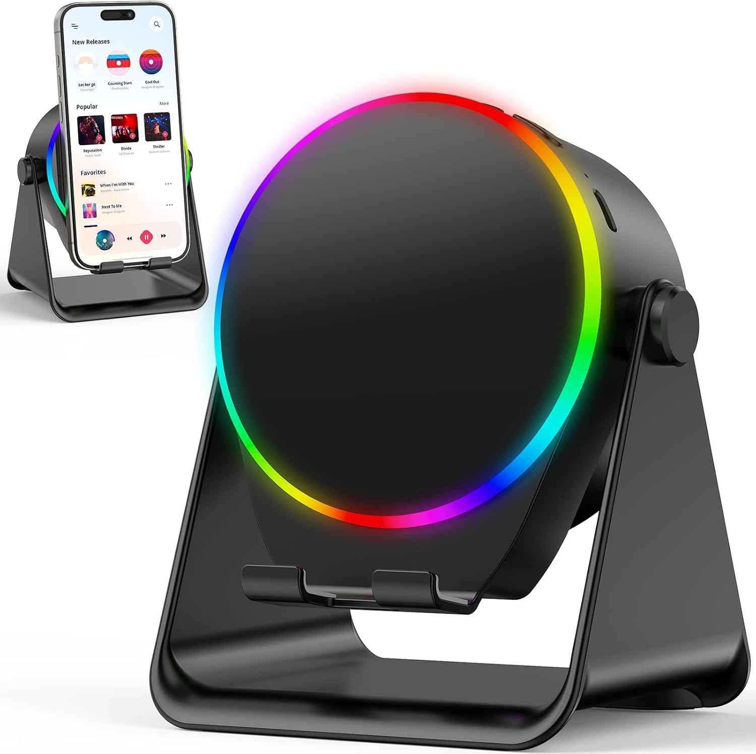 TARKARI Wireless Induction Speaker, 5 in 1 Bluetooth Speaker, 360° Rotation Cell Phone Stand with Colorful Ambient Light Compatible with iPhone iPad Android Tablet, Birthday Gifts for Women Men Him