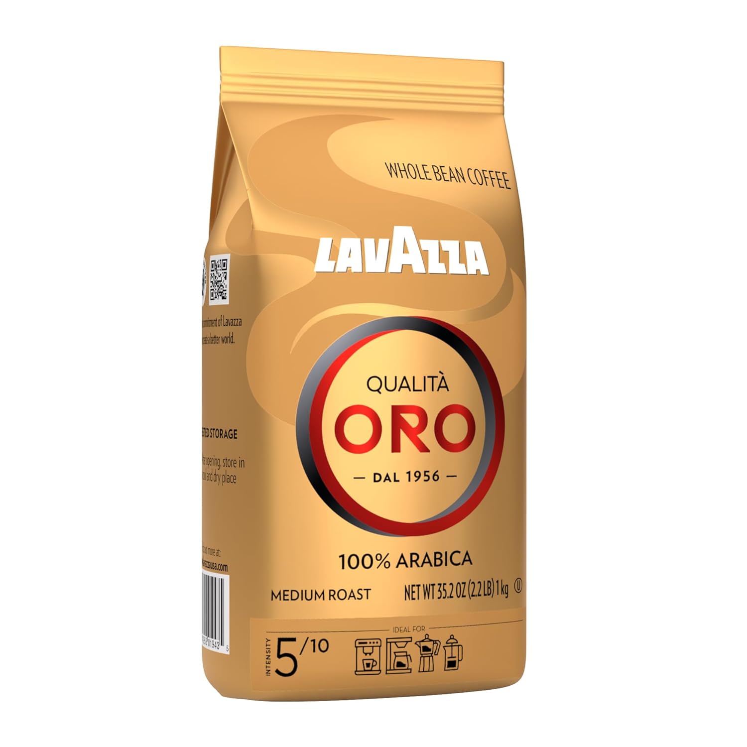 Lavazza Qualità Oro whole bean blend, medium roast, 2.2 pounds, 100% Arabica, Central America & African highland origins, fruity and aromatic