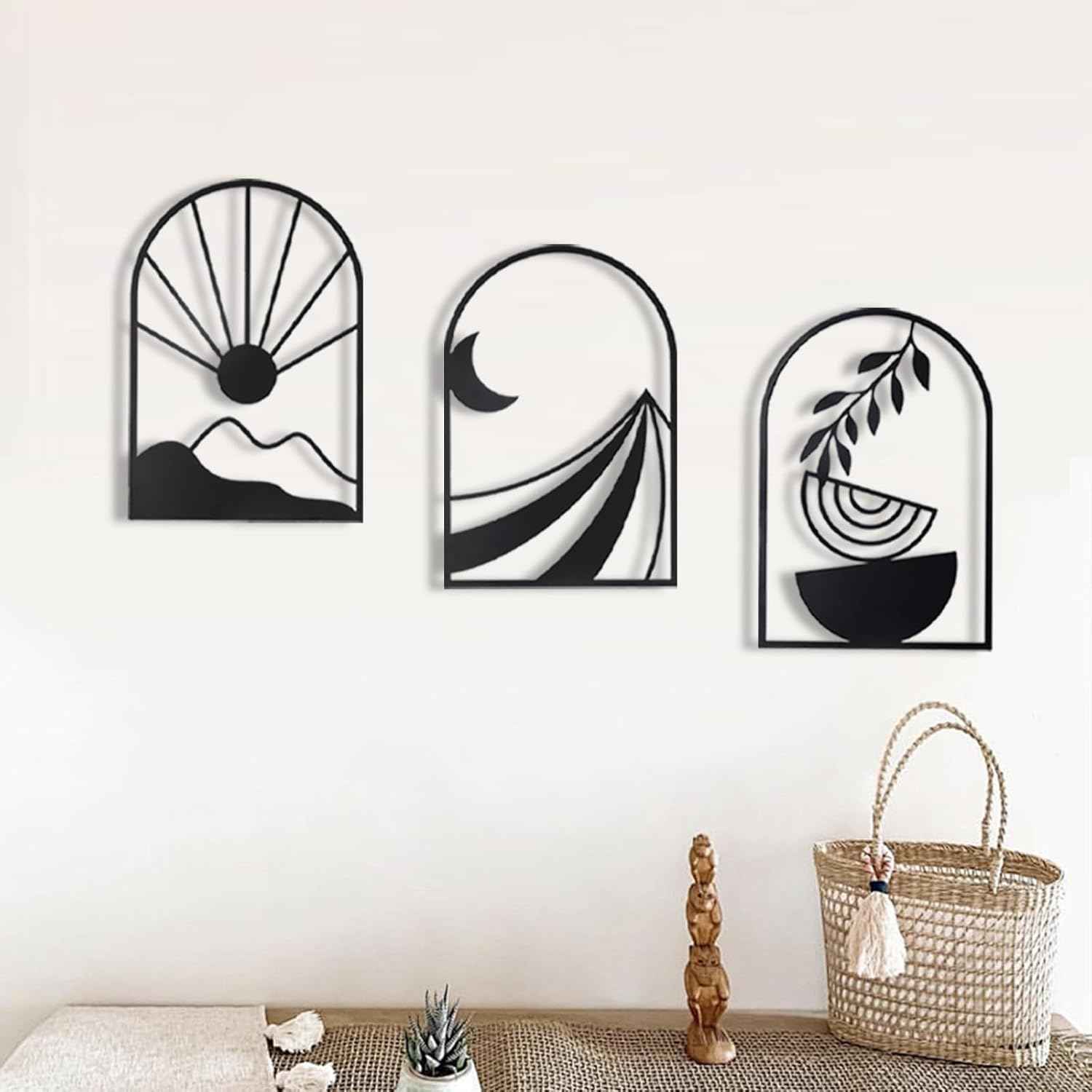 OYEFLY 3 PCS Boho Black Metal Wall Decor,Black Boho Metal Wall Art