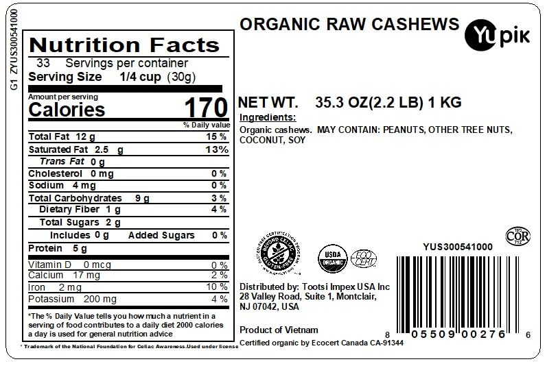 yupik organic raw cashews 2.2lb kosher gluten-free non-gmo vegan unsalted