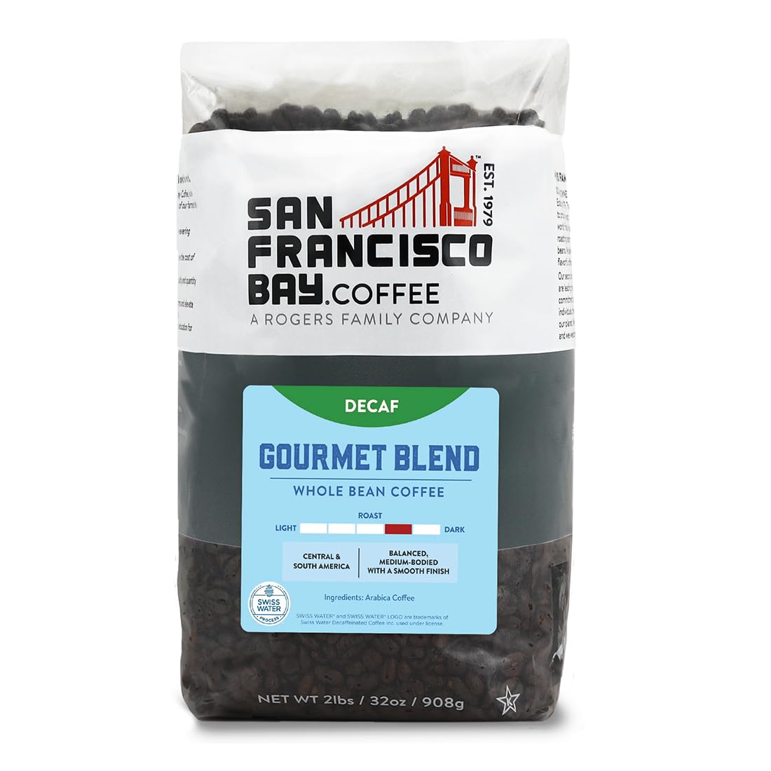 San Francisco Bay Decaf Medium-Dark Roast Whole Bean Coffee, Swiss Water Processed, 2 lb bag, 100% Arabica