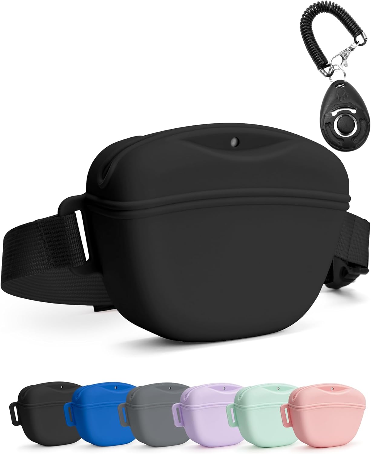 black dog treat pouch with training clicker, 1.67 cup silicone treat bag fanny pack, magnetic closure, waist belt for pet training walking