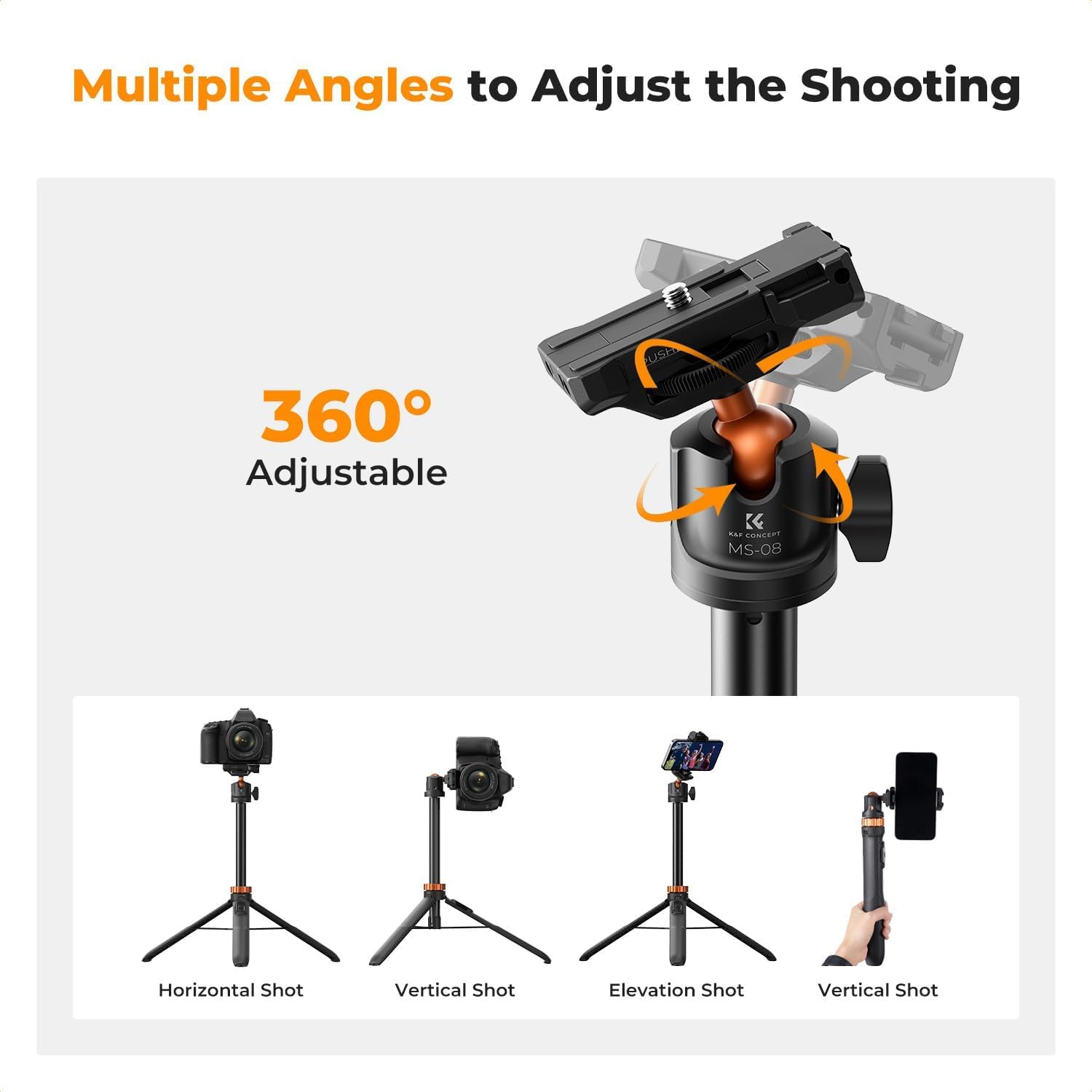 K&F CONCEPT 62'' Phone Selfie Stick Tripod, 2-in-1 Extendable Cell Phone Tripod Stand with Remote, 360° Ball Head Camera Tripod Compatible with DJI Osmo Pocket 4/3 Action 6/5Pro GoPro 13/12 iPhone.