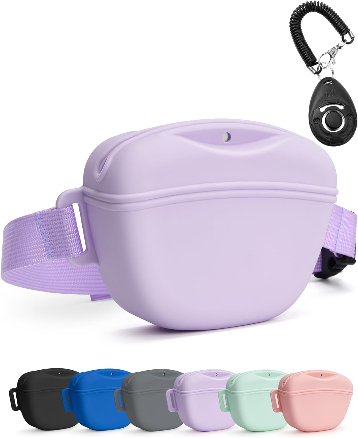 black dog treat pouch with training clicker, 1.67 cup silicone treat bag fanny pack, magnetic closure, waist belt for pet training walking