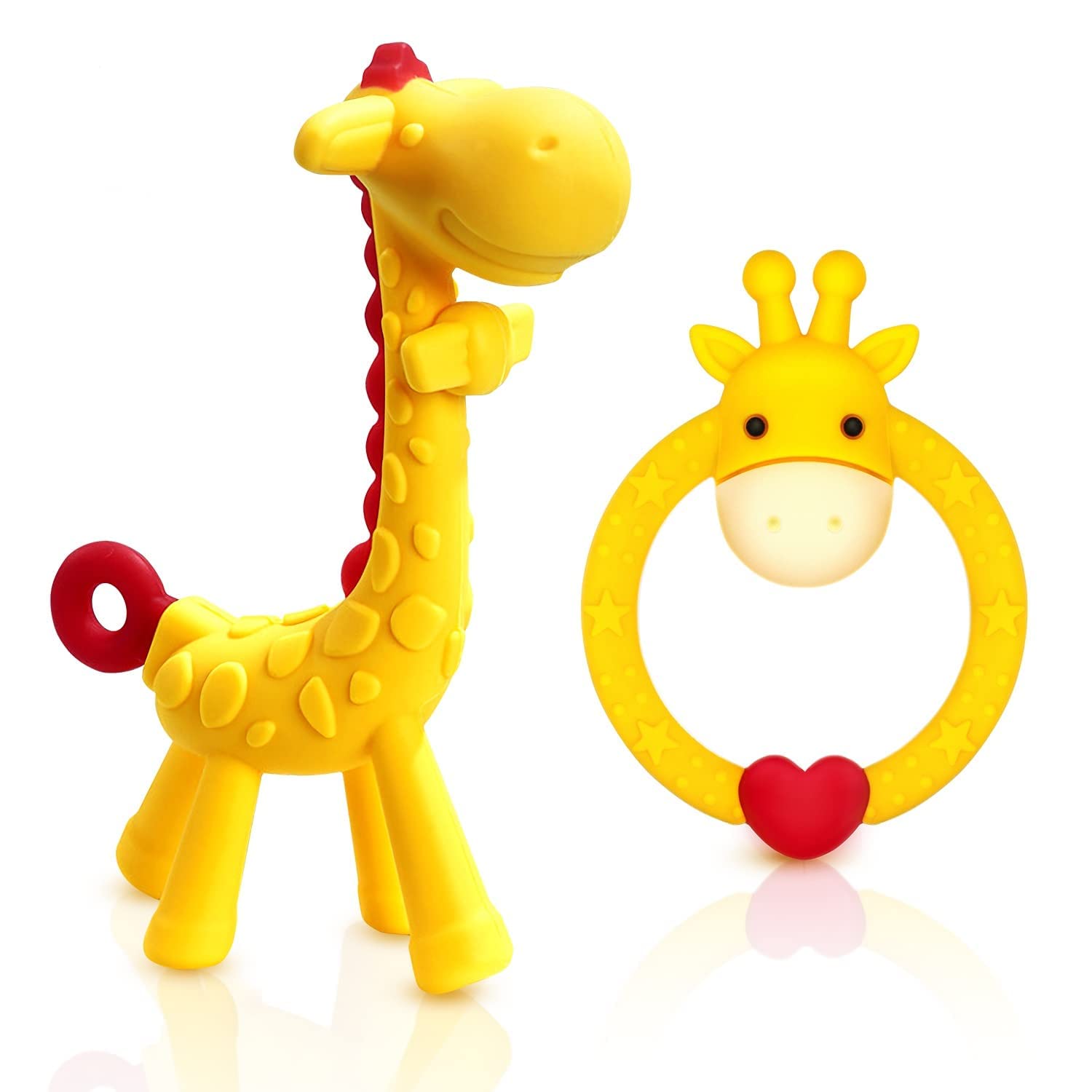 SHARE&&CARE BPA Free Silicone baby teether giraffe toy with storage case, for 3 months above infant sore gums pain relief (Pink)