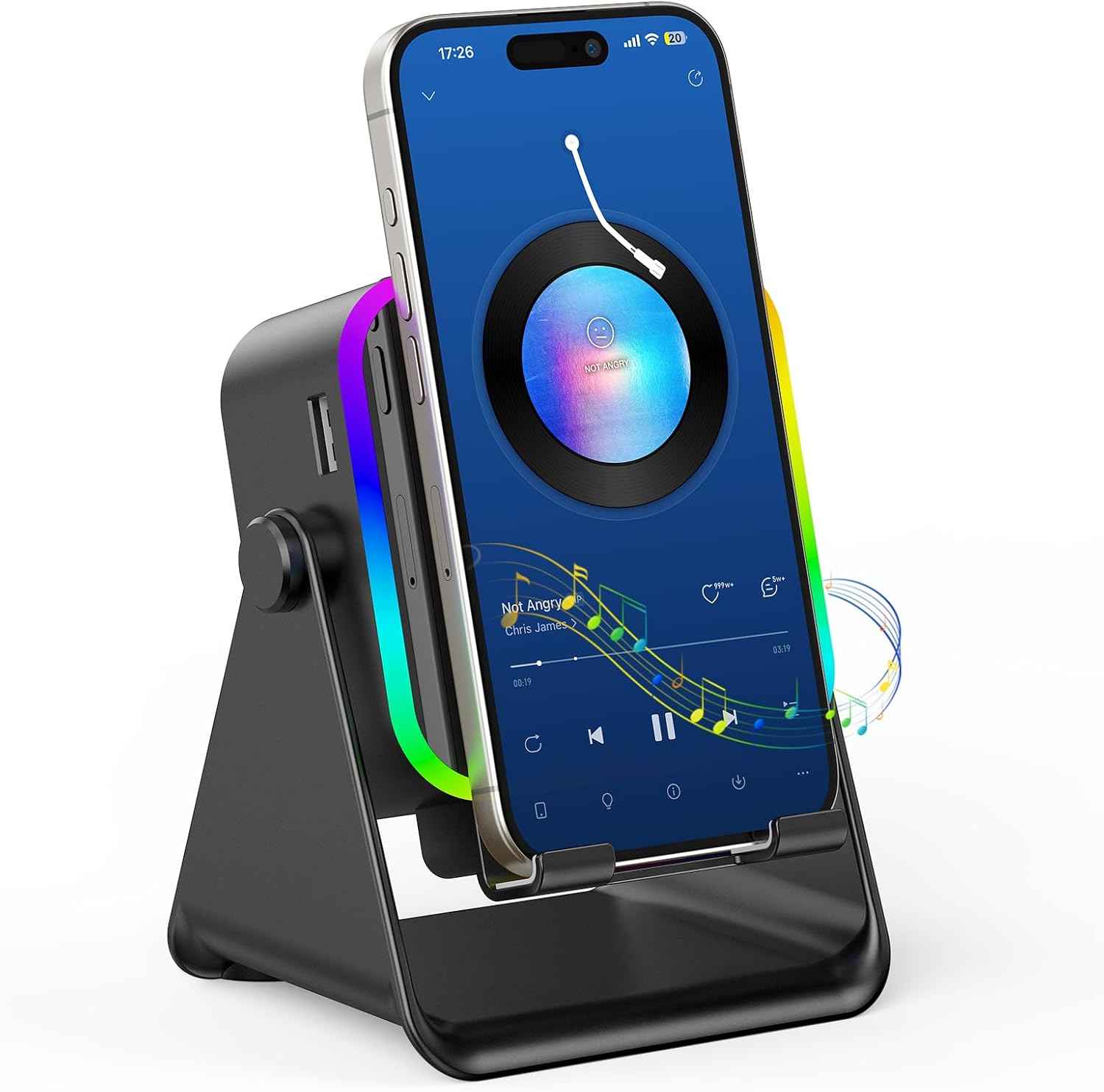 TARKARI Wireless Induction Speaker, 5 in 1 Bluetooth Speaker, 360° Rotation Cell Phone Stand with Colorful Ambient Light Compatible with iPhone iPad Android Tablet, Birthday Gifts for Women Men Him