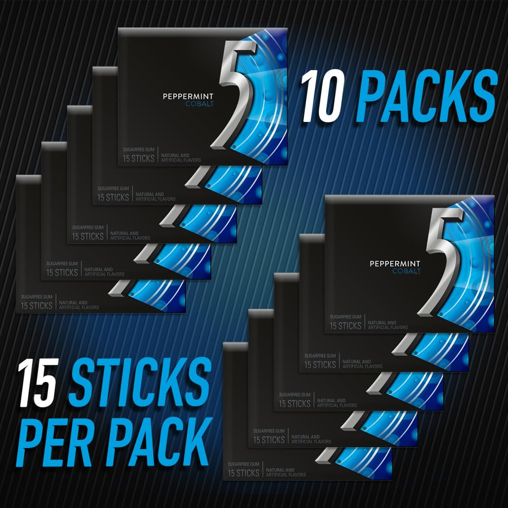 5 GUM Peppermint Cobalt Sugar Free Chewing Gum Bulk, 10 packs of 15 sticks each, for gaming and music sessions