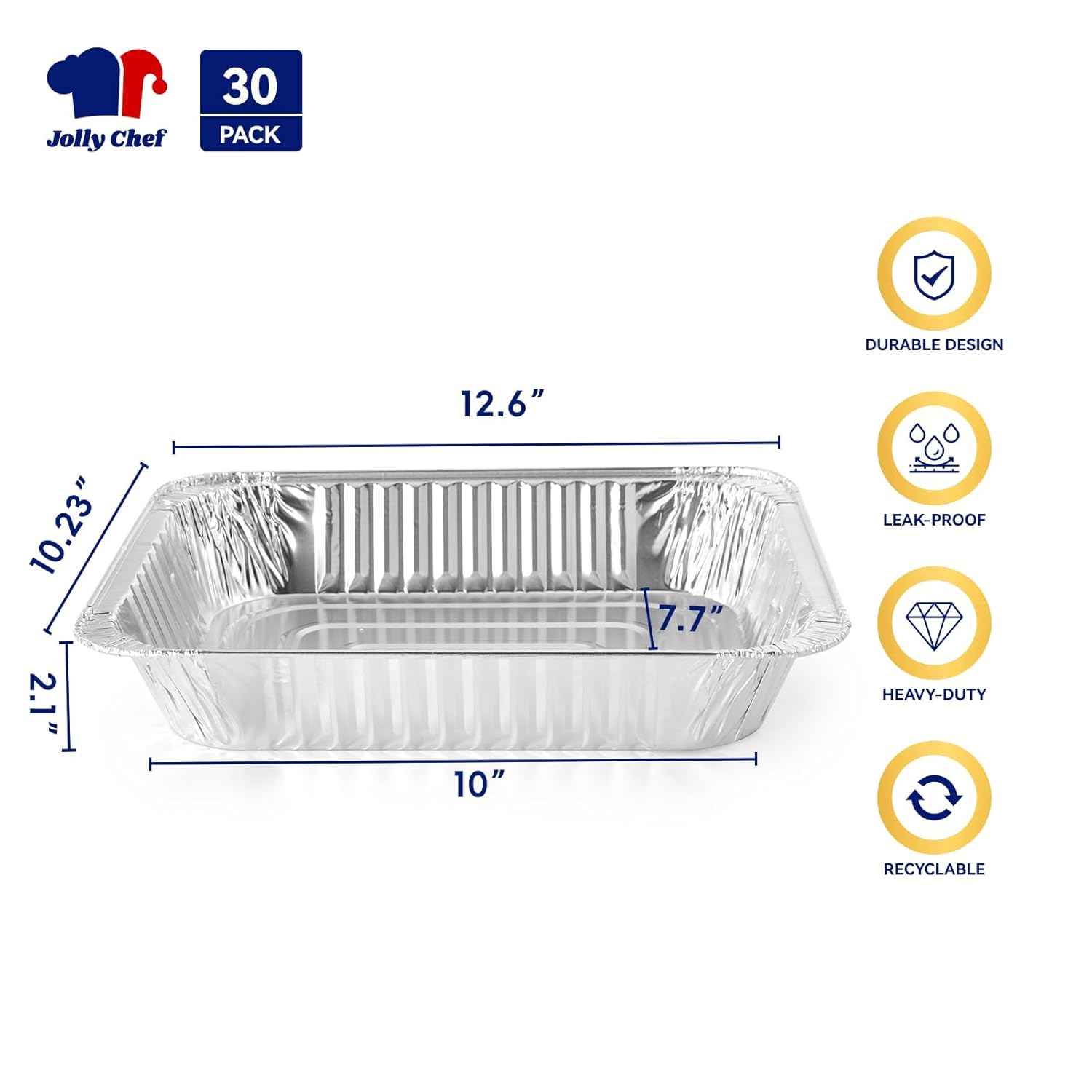 JOLLY CHEF 9x13 Aluminum Foil Pans (30 Pack) - Disposable Half Size Deep Steam Foil Pans for Roasting Turkey, Lasagna, Casseroles - Thanksgiving, Christmas, Parties, Catering