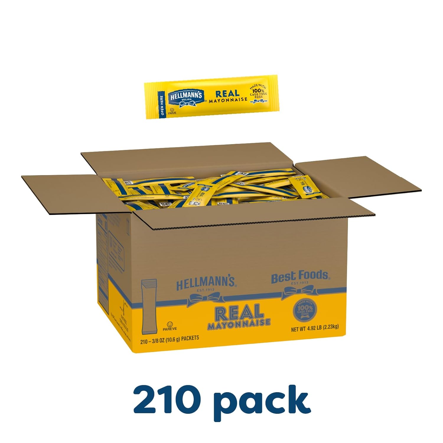 Hellmann's real mayonnaise stick packets, gluten-free, made with 100% cage-free eggs, 0.38 oz, pack of 210