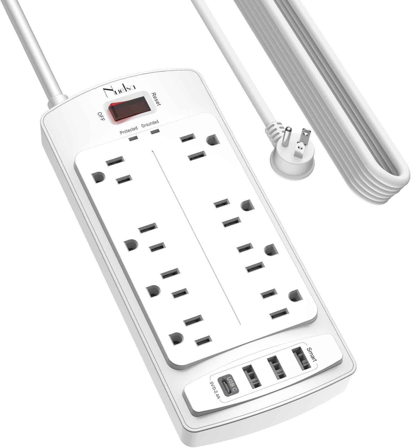 Surge Protector Power Strip - Nuetsa Flat Plug Extension Cord with 8 Outlets and 4 USB Ports, 6 Feet Power Cord (1625W/13A), 2700 Joules, ETL Listed, Black