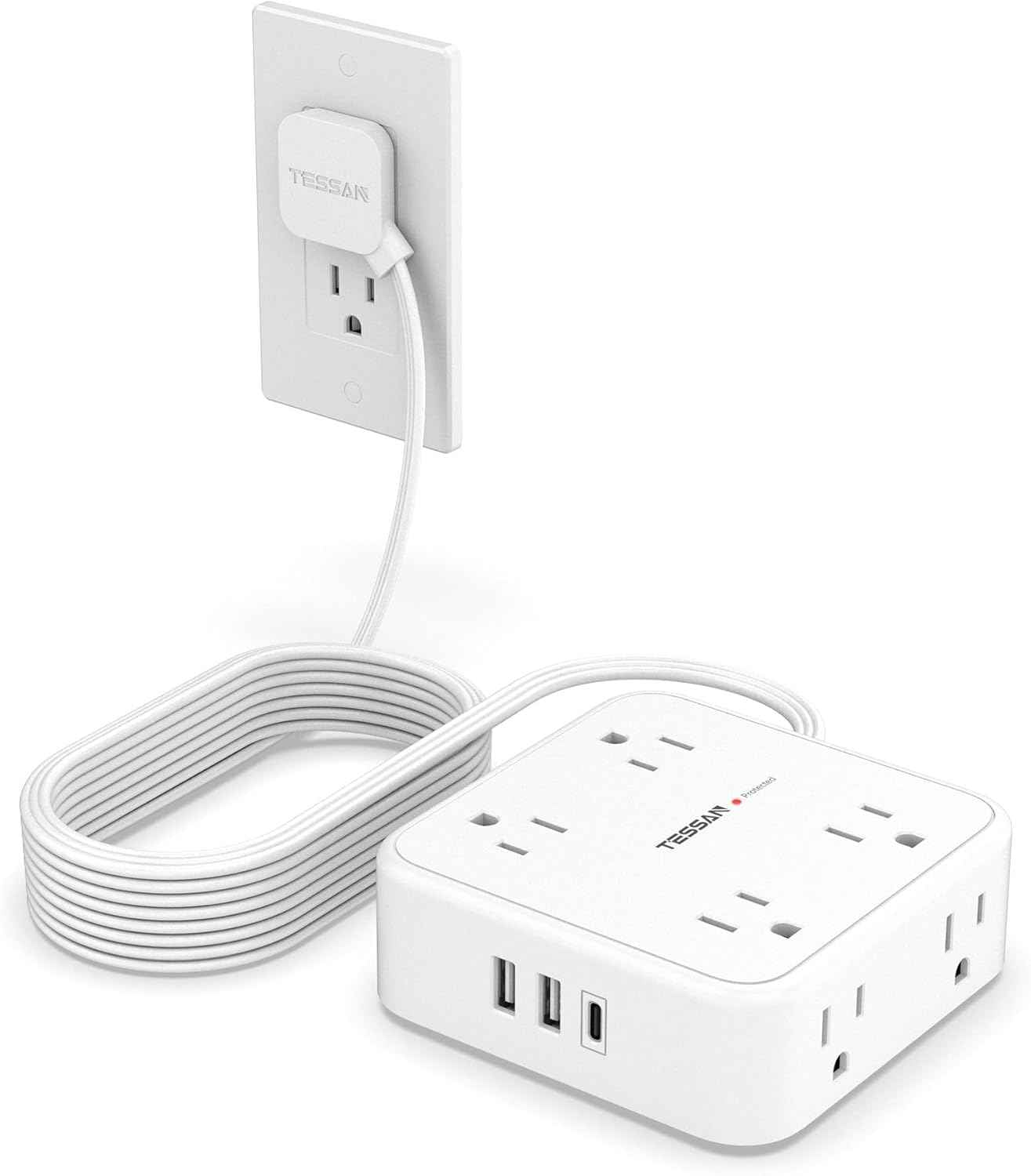 TESSAN Surge Protector Power Strip, 5 Ft Flat Plug Extension Cord with 3 USB (1 USB C) 8 Outlets, 900J Surge Protection, 3 Sided Outlet Extender with Power Switch for Office, Dorm Room Essentials