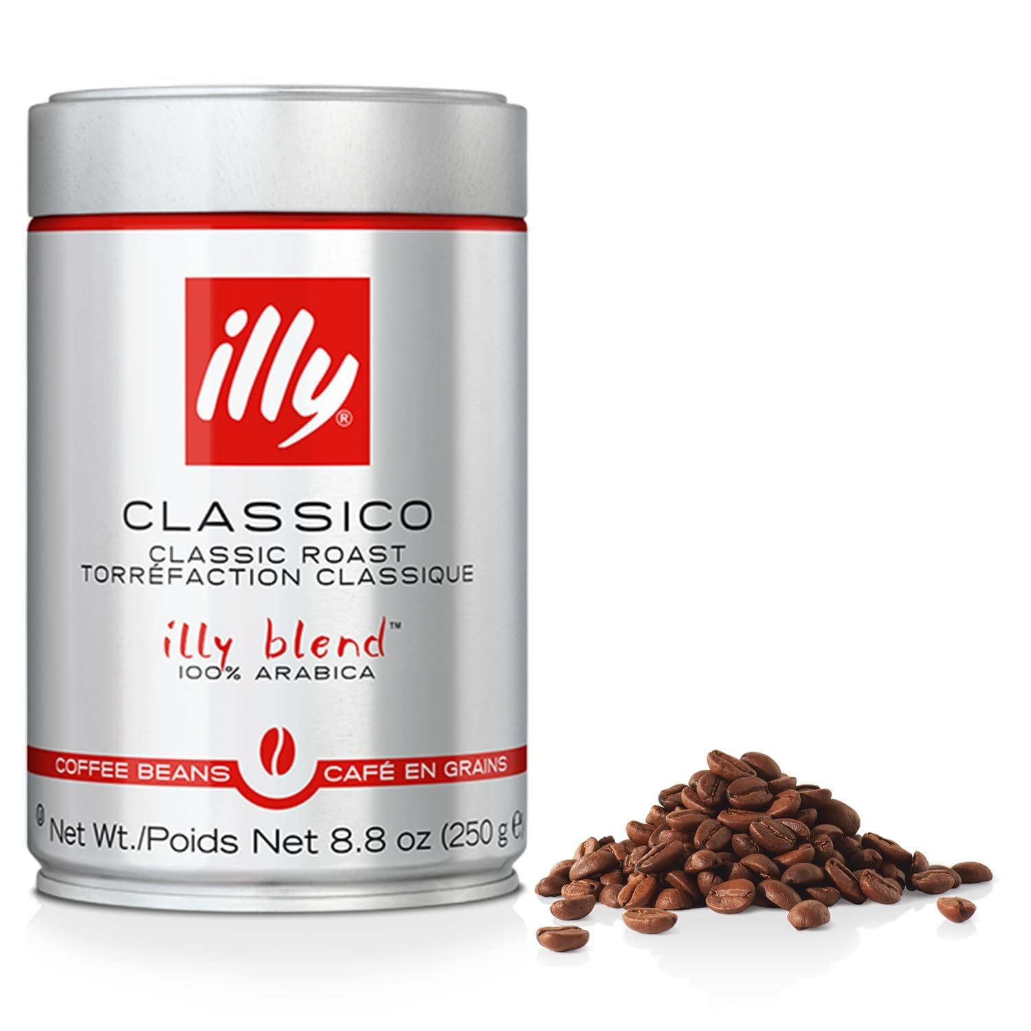 illy Classico whole bean coffee, 8.8 oz can, medium roast, 100% Arabica, no preservatives