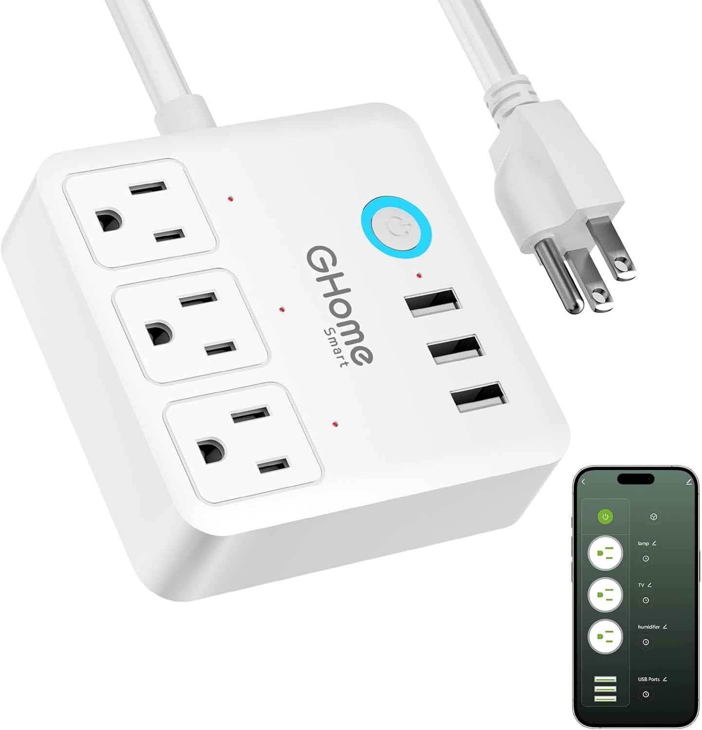GHome Smart Plug Outlet Extender, USB Wall Charger with 3 Individual Smart Outlets and 3 Smart USB Ports, Works with Alexa Google Home, Surge Protector Plug Extender for APP Control,15A/1800W