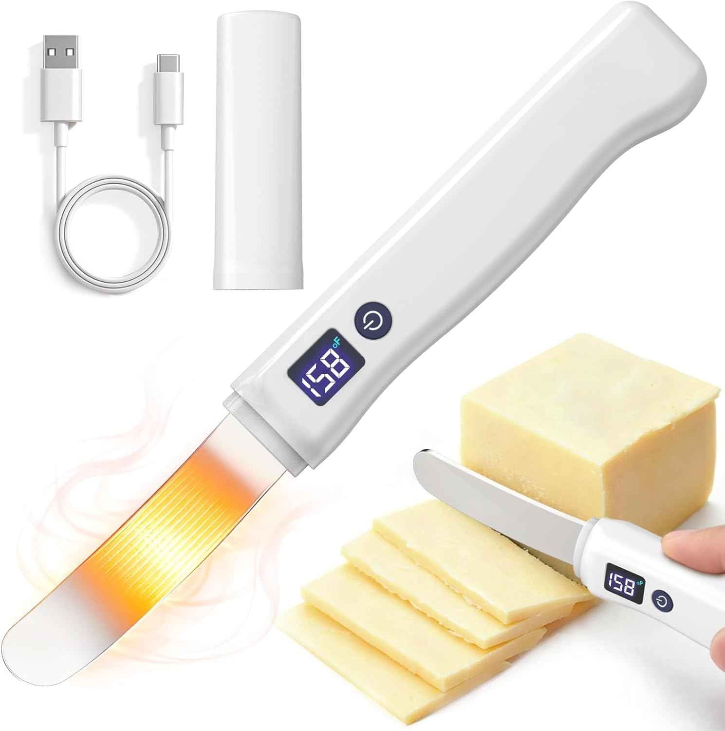 Heated Butter Knife, Smart Stainless Steel Electric Butter Spreader for Hard Butter, Cheese, Peanut Butter, Jam & Honey, Adjustable Heat (131℉/158℉), Rechargeable USB Kitchen Gadget Butter Knives