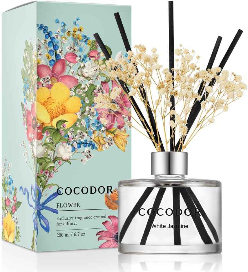 COCODOR Reed Diffuser Set with Preserved Baby's Breath with Sticks/April Breeze / 6.7oz / Scent Fragrance Oil Diffuser for Bedroom Bathroom Home Décor
