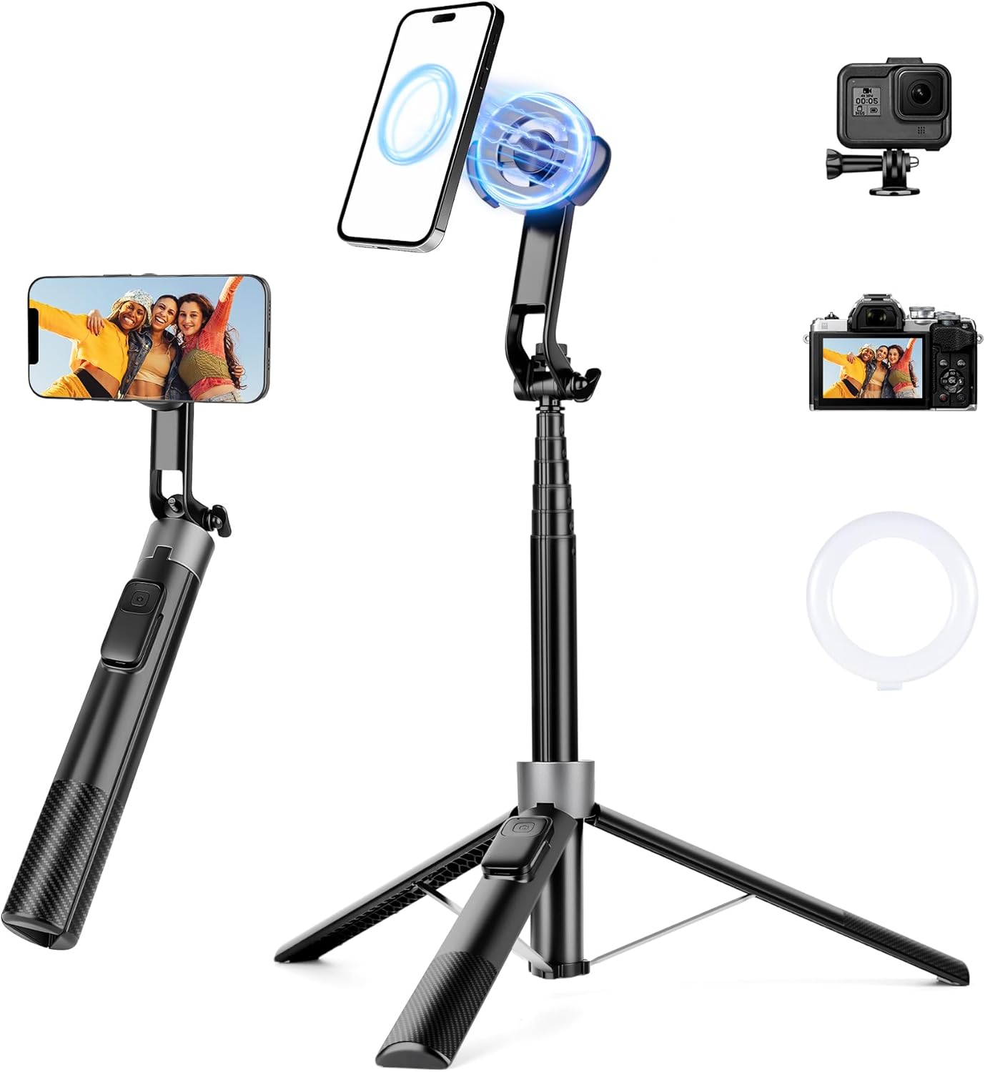 70" Magnetic Phone Tripod, Selfie Stick Tripod for iPhone Magsafe with Rechargeable Remote & 2 in 1 Magnetic Holder, Portable Cellphone Stand for Recording Travel, Compatible with iPhone and Android