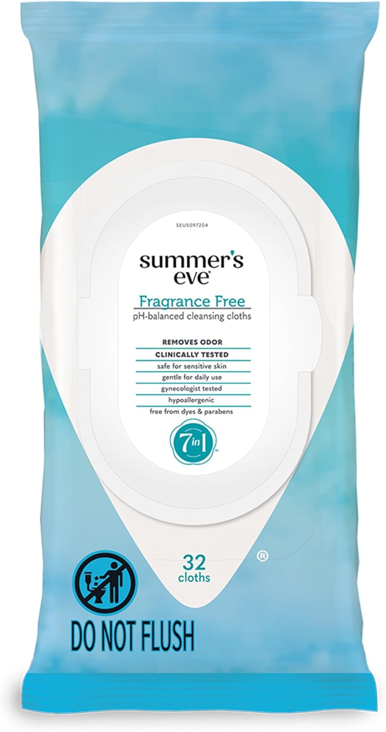 Summer's Eve fragrance-free feminine wipes, gentle pH-balanced micellar water formula for vaginal odor control, resealable pack, 32 wipes