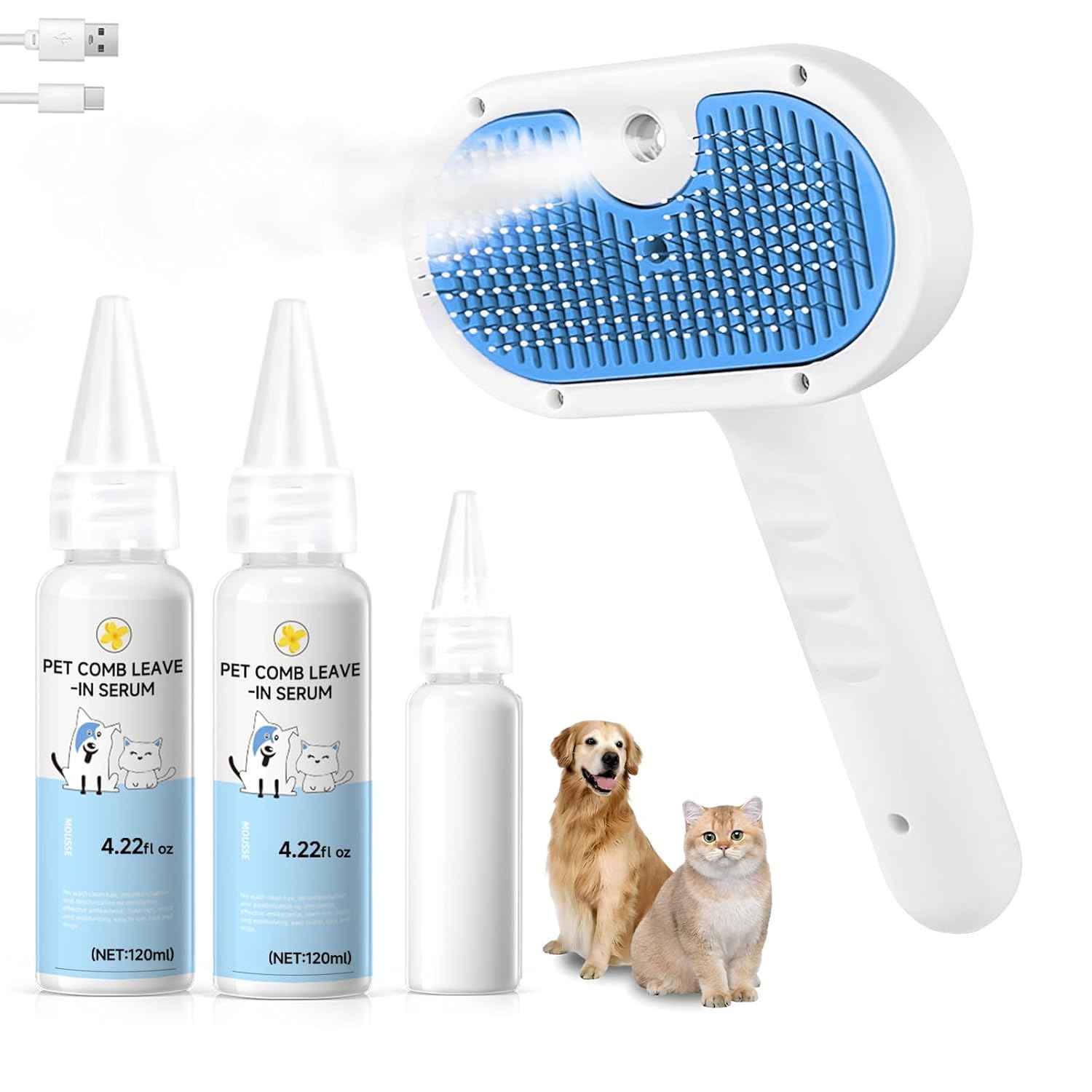 Pet Steam Brush for Dog & Cat - 3-in-1 Steam Grooming Brush for Shedding & Hair Removal - Self Cleaning Spray Comb with Mist for Long Haired Pets - Includes 1*Waterless Shampoo, Blue.