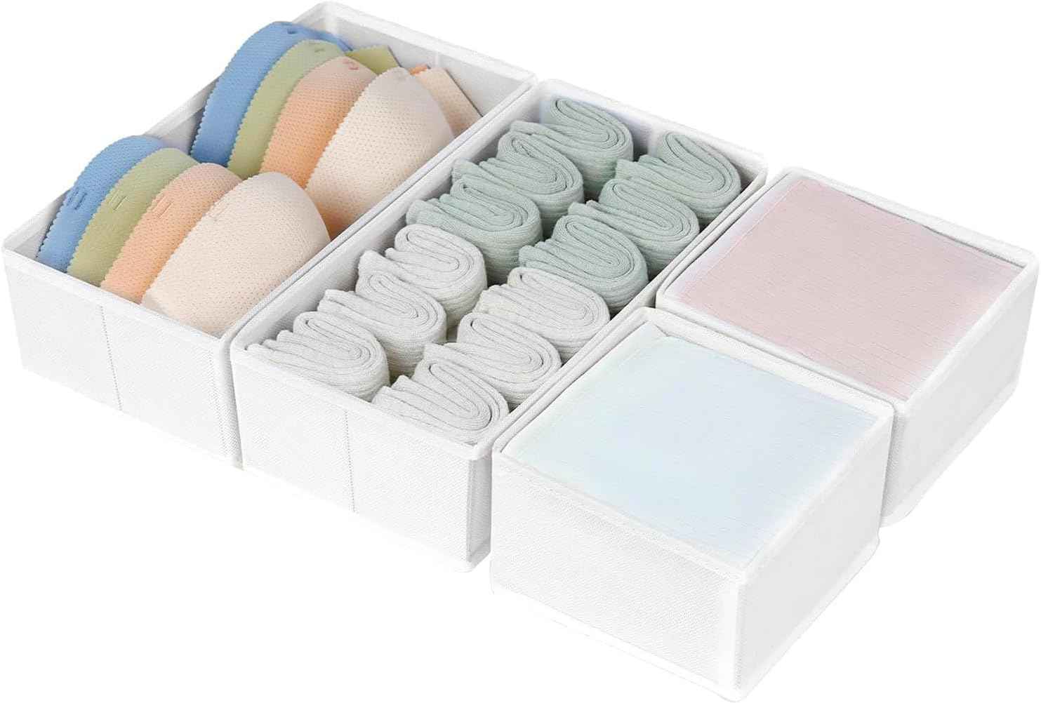 DIMJ Drawer Organizers Clothes, Set of 4 Dresser Organizer Bins, Fabric Closet Organizers and Storage, Shallow Drawer Dividers for Nursery, Clothing, Baby Clothes, Socks, Underwears, Tie (Beige)