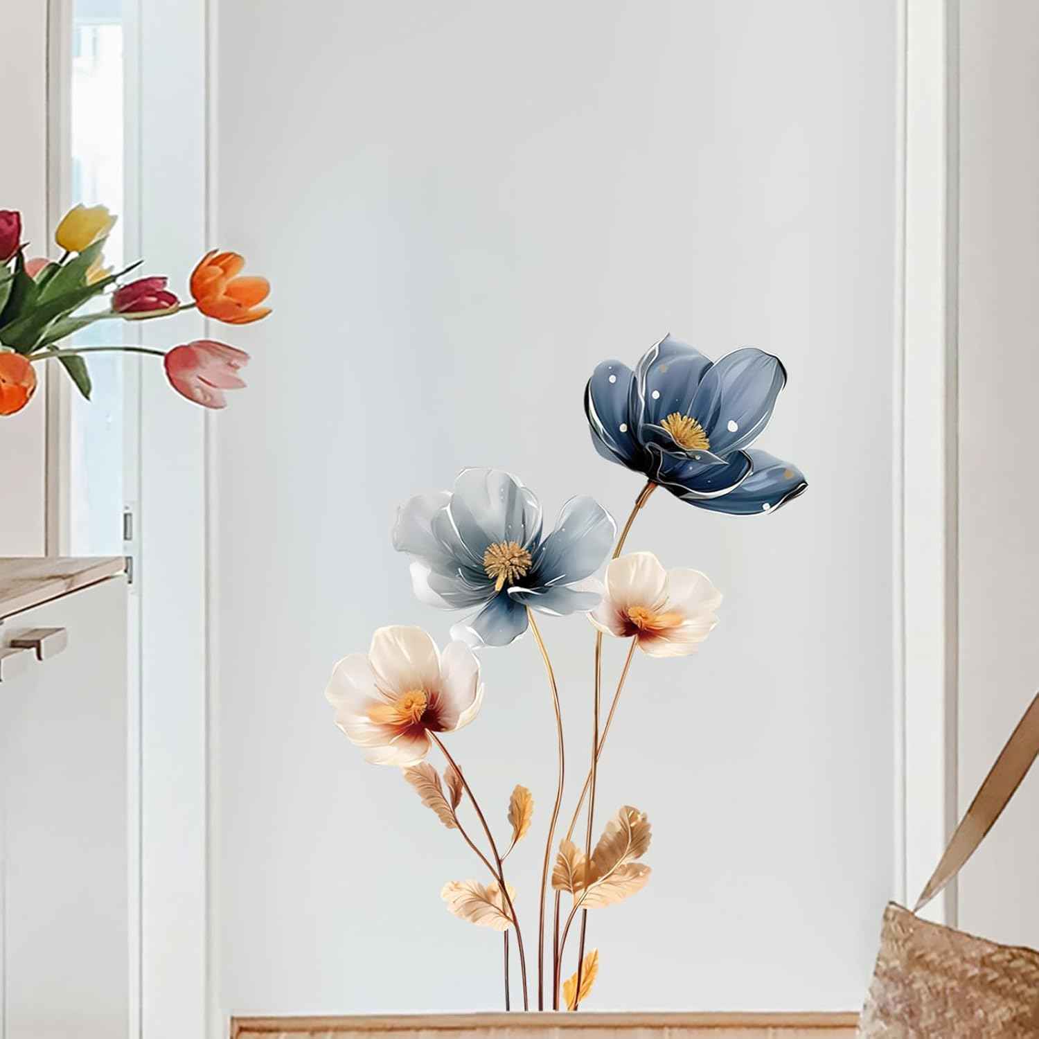 Gold Leaf Blue Flower Wall Decal PVC Wall Sticker Vintage Watercolor Floral Wall Art for Living Room Bedroom Home Decor