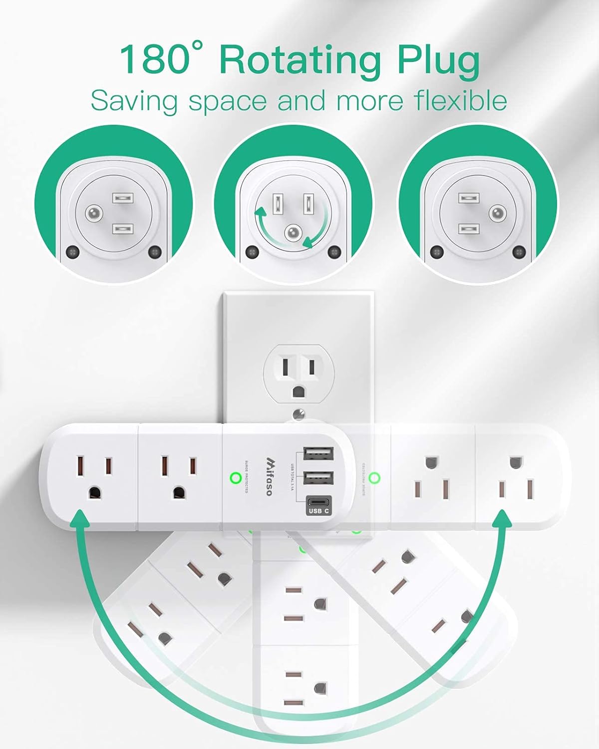 mifaso 3 sided swivel rotating plug surge protector with 6 ac multi plug wall outlets and 3 usb ports