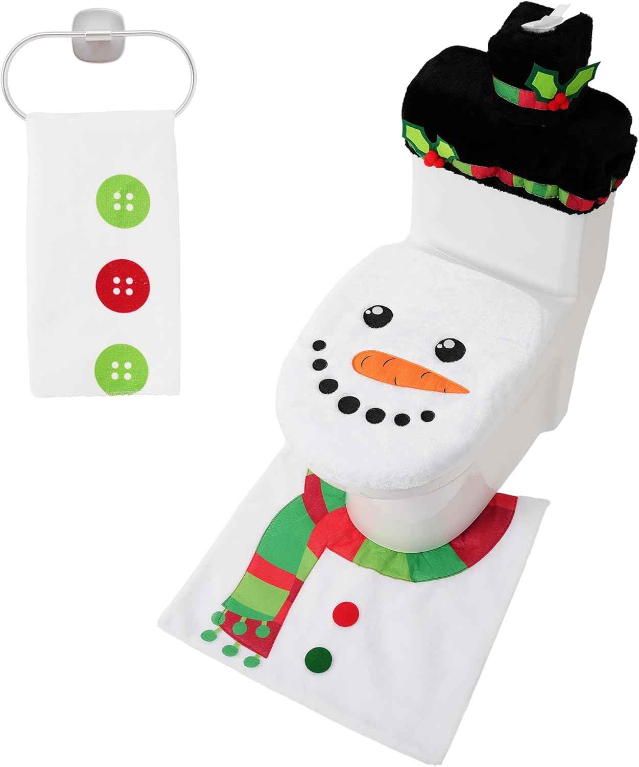 JOYIN 5 Pieces Christmas Theme Bathroom Decoration Set w/Toilet Seat Cover, Rugs, Tank Cover, Toilet Paper Box Cover and Santa Towel for Xmas Indoor Décor, Party Favors (Santa)