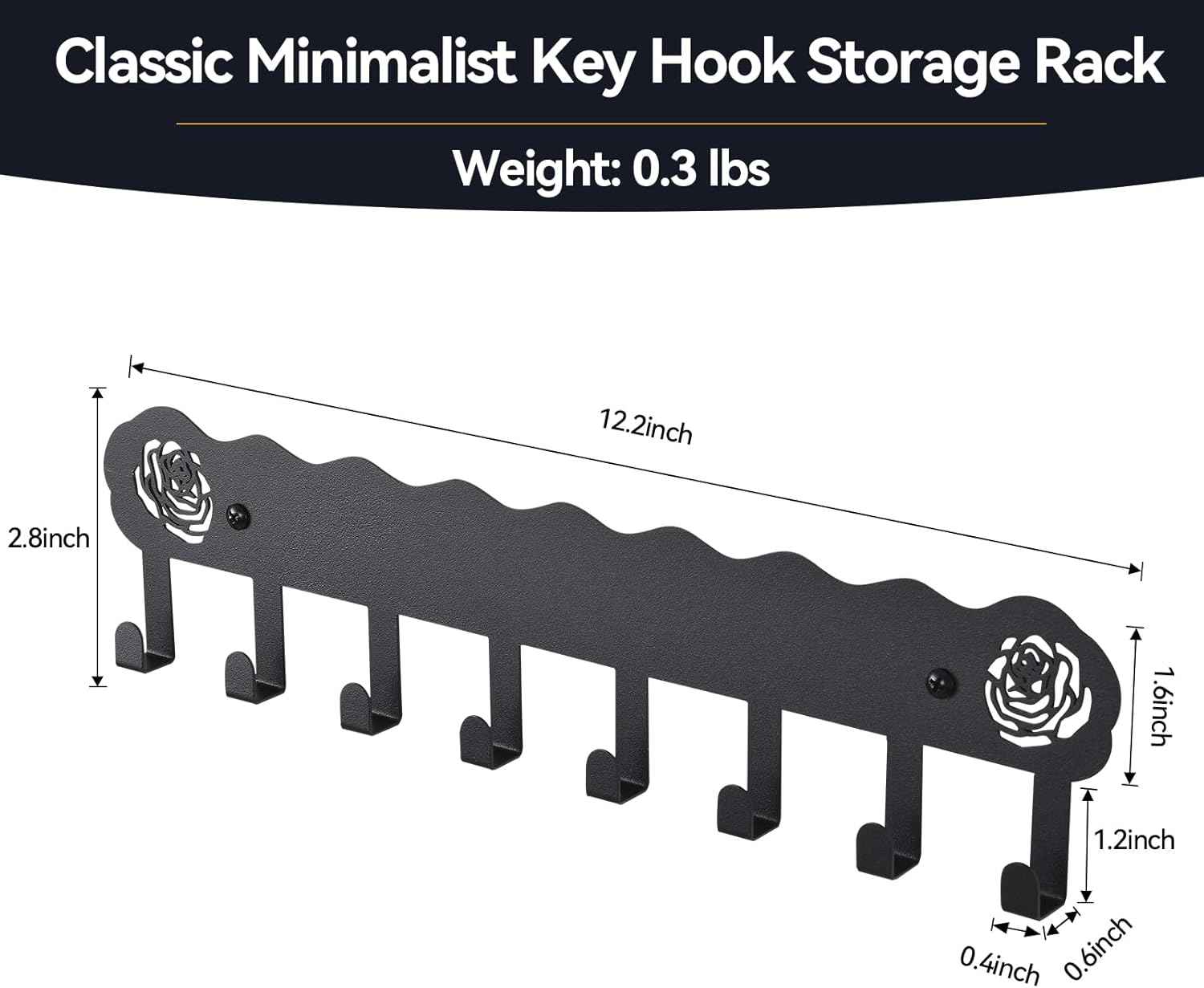 Key Holder Hooks Organizer Hanger Rack Wall Mounted with 8 Hooks, Adhesive Key Holder for Wall, No Drill Modern Key Holder Wall Mount, for Entryway, Kitchen, Hallway, RV Decor （Medium）